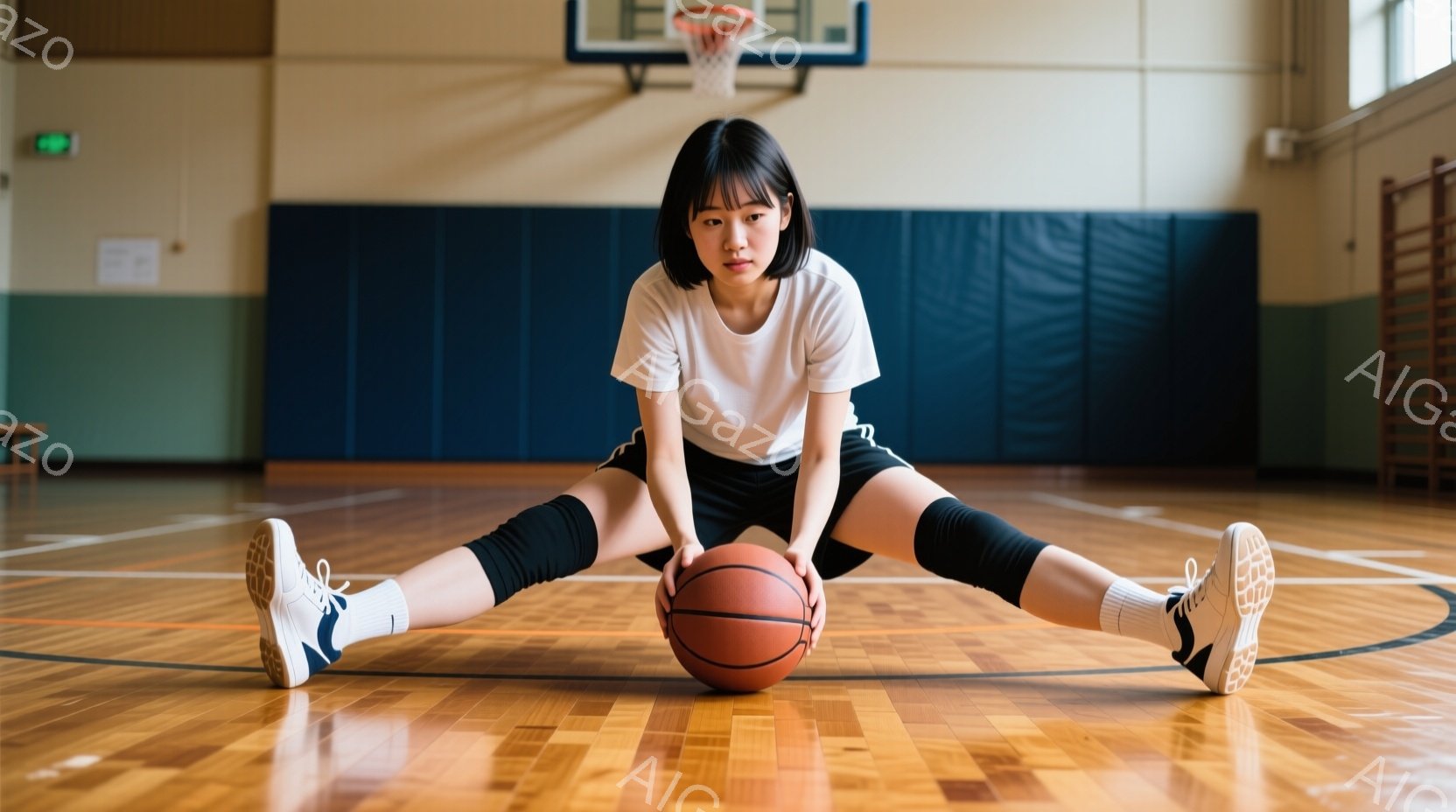 金髪の女性が体育館の床に座り、足を広げてストレッチをしている。白いTシャツと黒いショートパンツ、白い靴下とスニーカーを着用し、黒髪のショートボブヘアにしている。背景にはバスケットボールのゴールと壁があり、床は木製で磨かれており、全体的に集中して運動に取り組む雰囲気が漂っている。