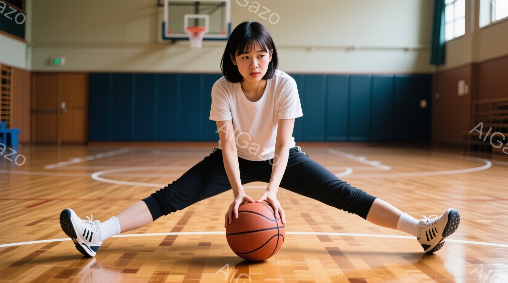 スポーツジムの床に座り、足を大きく開いてバレーボールを持つ若い女性が写っています。白いTシャツと黒いレギンス、白いソックスとスニーカーを着用し、髪は短くストレートで、表情は落ち着いて少し微笑んでいます。背景にはバスケットボールのゴールと体育館の壁が見え、明るく広々とした空間が感じられます。