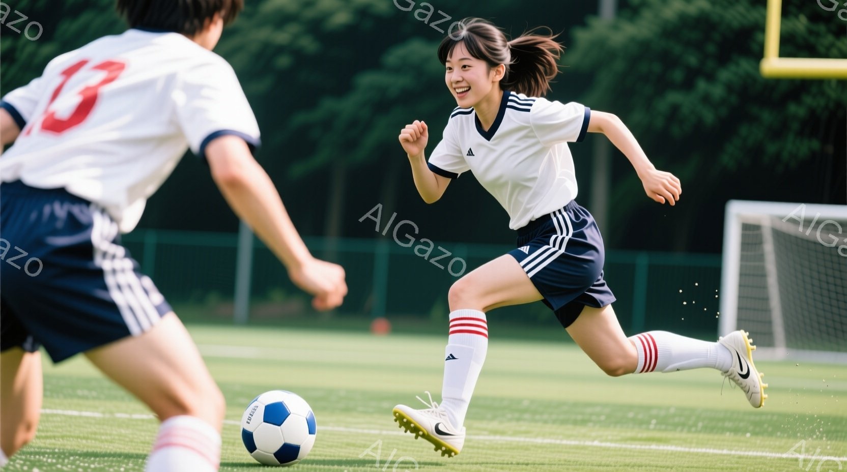 少女はサッカーの試合中、ボールを追いかけて走っている。白いシャツに紺色のショートパンツ、白と紺のソックス、スパイクを履き、明るい笑顔を浮かべている。背景には緑の芝生とサッカーゴールが見え、晴れた日の屋 - AI生成フリー素材