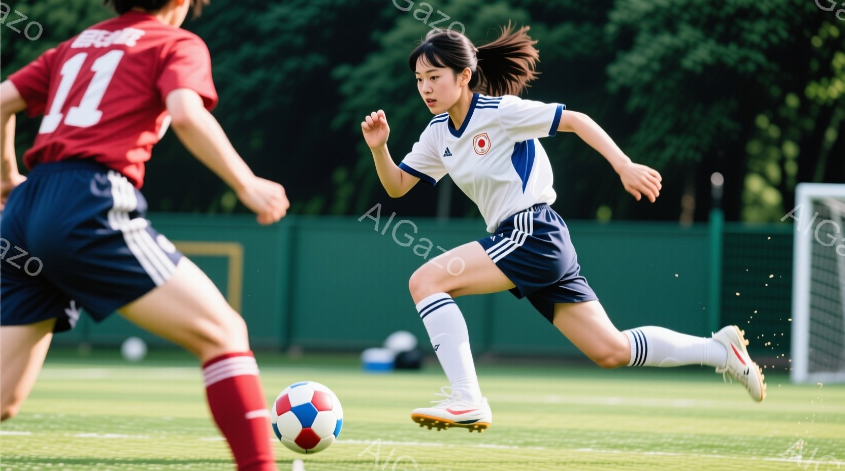 サッカー選手が緑の芝生の上をボールを追いかけながら走っている様子が写っている。彼女は白いシャツに紺色のショートパンツ、白いソックスとスパイクを履いており、髪はポニーテールにしている。背景には他の選手や緑豊かな木々が見え、晴れた日の屋外での試合の活気ある雰囲気が伝わってくる。