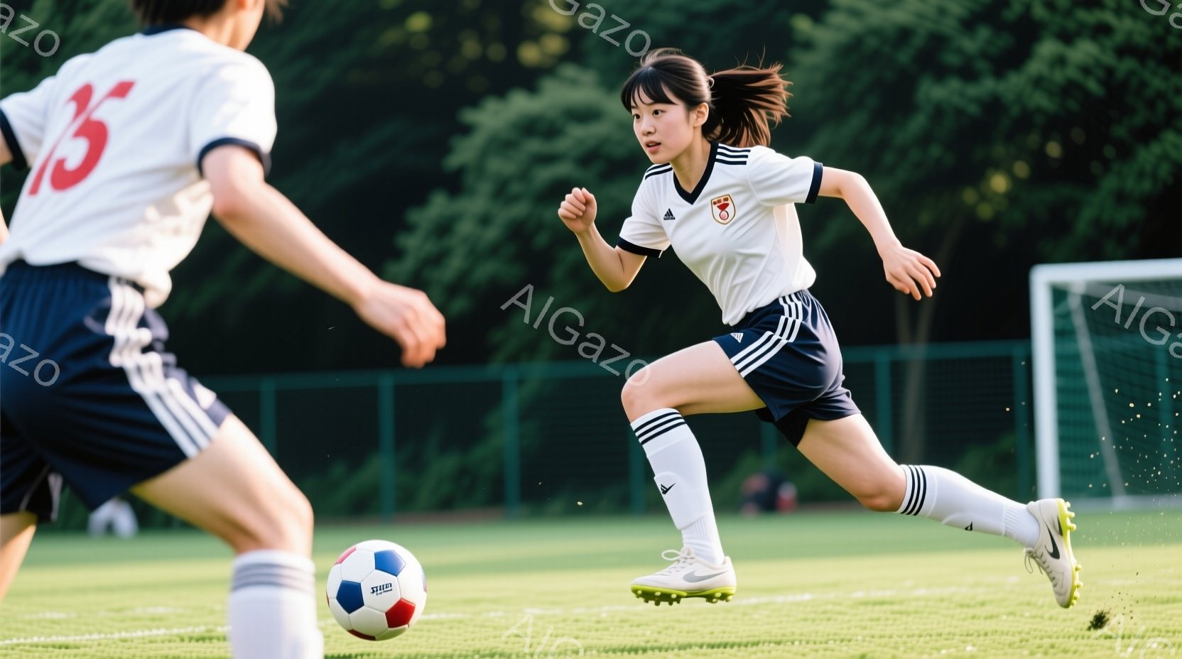 サッカーの試合中の女性が写っている。白いユニフォームに黒いショートパンツ、白いソックスとスパイクを履き、髪は後ろでポニーテールに結んでいる。彼女はボールを追いかけながら走り、真剣な表情でプレーに集中し - AI生成フリー素材