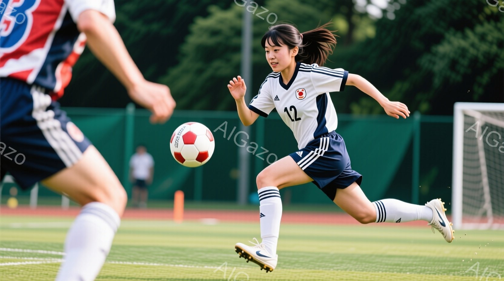 サッカー場の緑の芝生の上を、黒髪をポニーテールにした若い女性サッカー選手がボールを追いかけて走っている。彼女は白と紺のストライプのユニフォームとソックス、そしてスパイクを履いており、集中した表情でボールに視線を向けている。背景には他の選手やネット、そして緑豊かな木々が見え、晴れた日の活気あるサッカーの試合の様子がうかがえる。