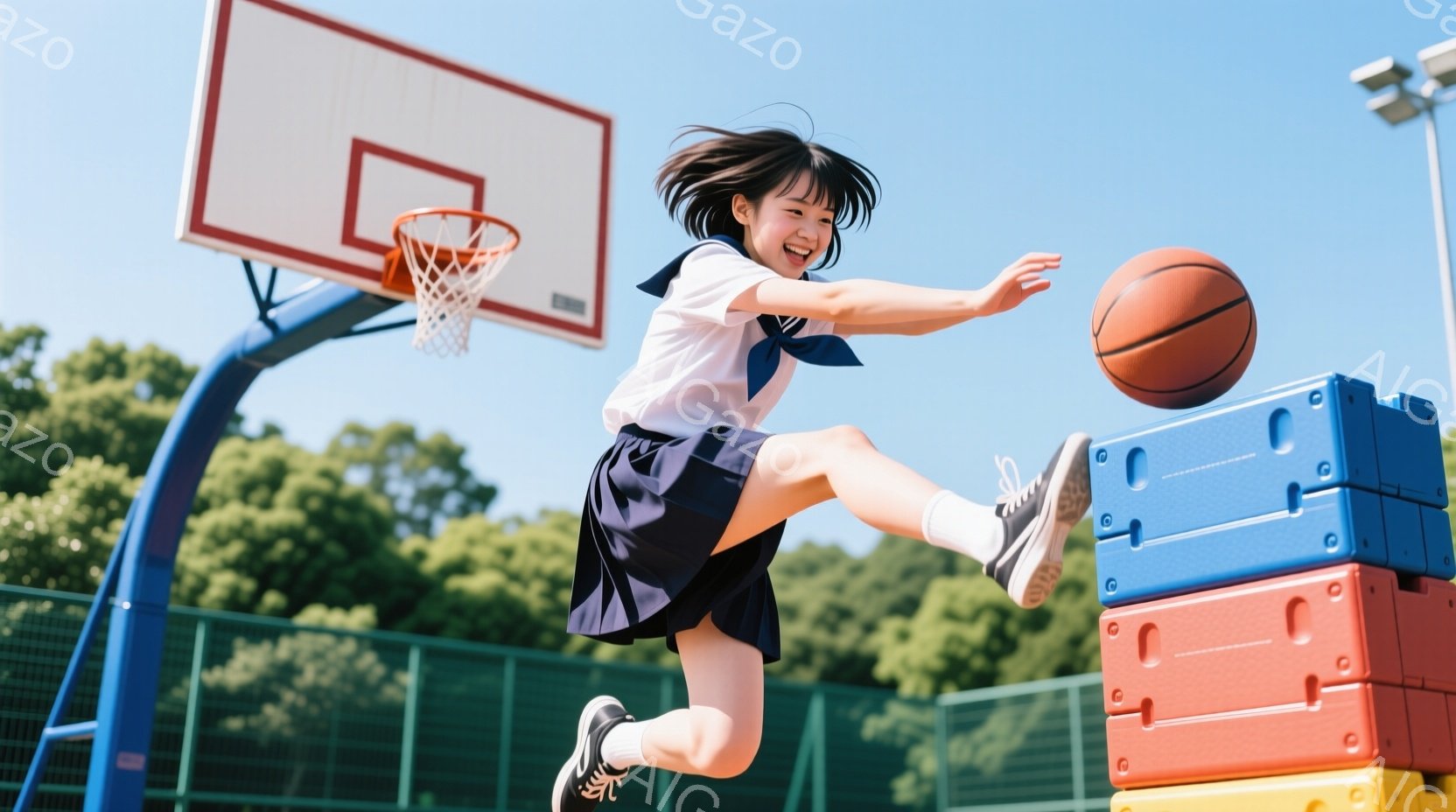 明るい青空の下、制服姿の少女がバスケットボールを持ってジャンプしている。彼女は白いシャツに紺色のスカート、そして髪を肩まで伸ばしたヘアスタイルで、満面の笑みを浮かべている。背景にはバスケットゴールと色とりどりの積み重ねられたブロックがあり、活気に満ちた屋外の雰囲気が漂っている。