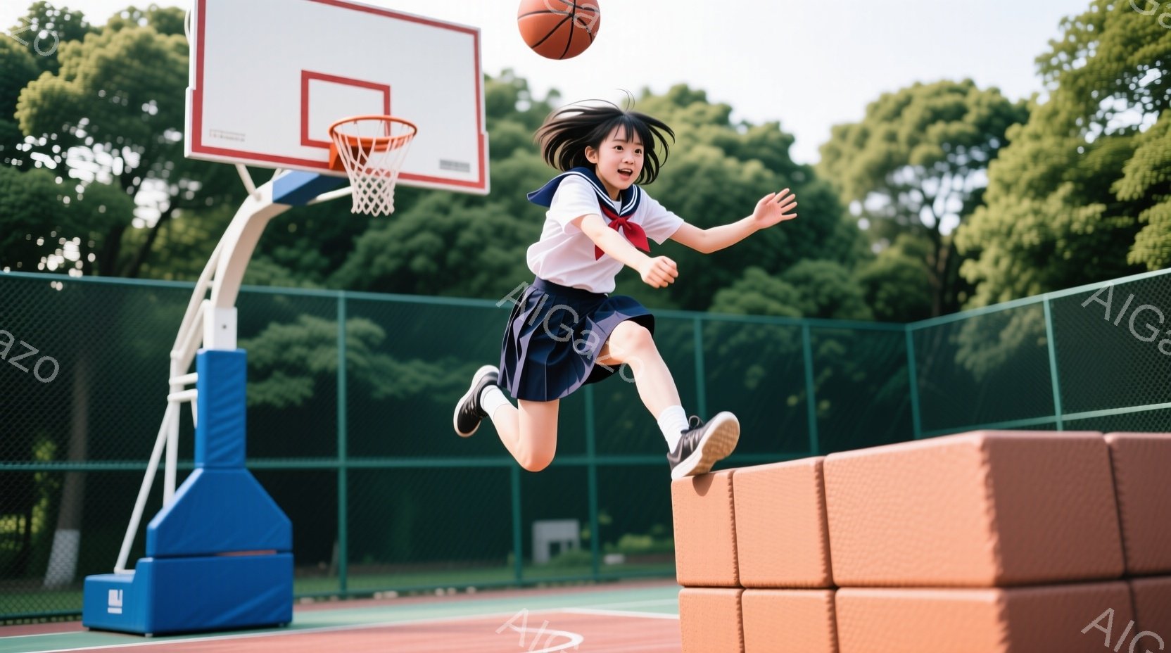 女子は紺色のスカートと白いブラウス姿で、体育館のバスケットボールコートでジャンプしている。彼女は空中で片足を上げ、バスケットボールを高く放り投げようとしている表情で、明るく笑顔を見せている。背景には緑 - AI生成フリー素材
