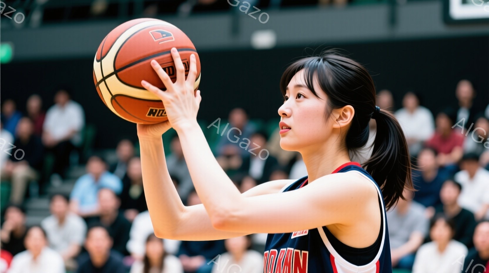 バスケットボールの試合中の女性選手を捉えています。彼女は赤いヘッドバンドと紺と赤のユニフォームを着用し、髪はポニーテールに結ばれています。集中した表情で、ドリブルまたはパスのためのボールを両手で構え、 - AI生成フリー素材