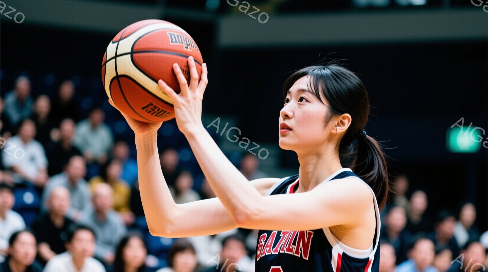 画像はバスケットボールの試合中の女性選手を捉えています。彼女は白と紺色のユニフォームを着ており、髪はポニーテールに結ばれています。彼女はボールを高く掲げ、シュートを打つ直前の姿勢で、集中した表情をしています。