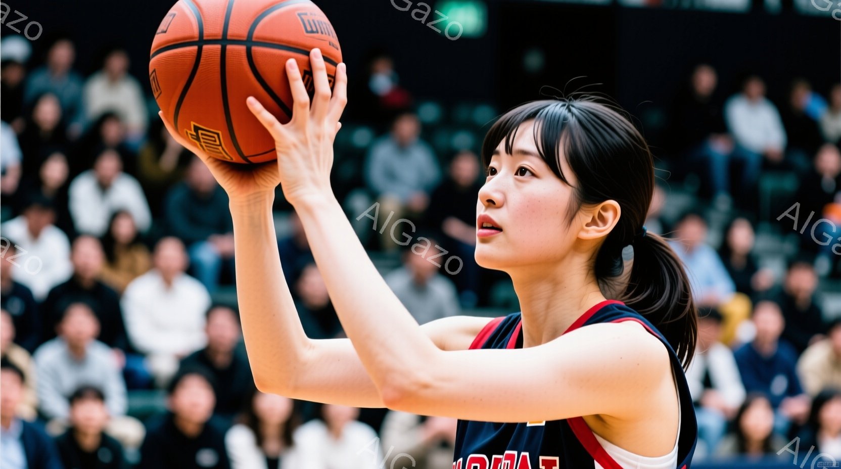 バスケットボールコートでシュートを打つ女性の姿を捉えています。彼女は黒と赤のユニフォームを着ており、髪をポニーテールにしています。集中した表情でボールを見つめ、片手でボールを高く掲げています。