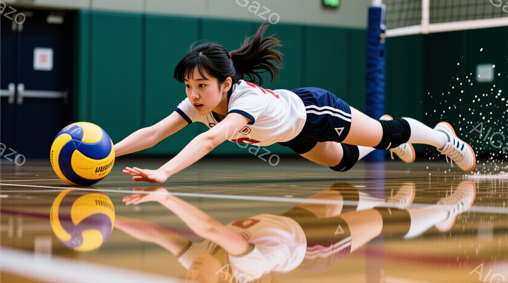 バレーボールの選手が床に体を投げ出し、ボールに手を伸ばしている様子が写っている。彼女は白い長袖のユニフォームに青いラインが入っており、髪はポニーテールに結ばれている。床は光沢があり、背景にはぼやけた体 - AI生成フリー素材