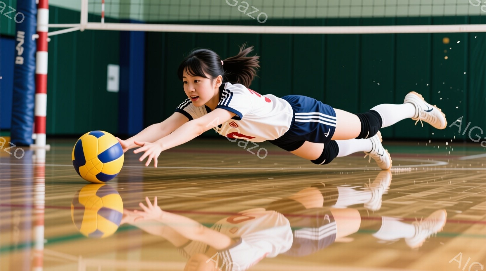 バレーボールのコートで、少女がボールを救うために床に倒れこんでいる様子が写っています。彼女は白いシャツに黒のショートパンツ姿で、髪はポニーテールに結ばれ、懸命にボールに手を伸ばしています。背景にはネッ - AI生成フリー素材