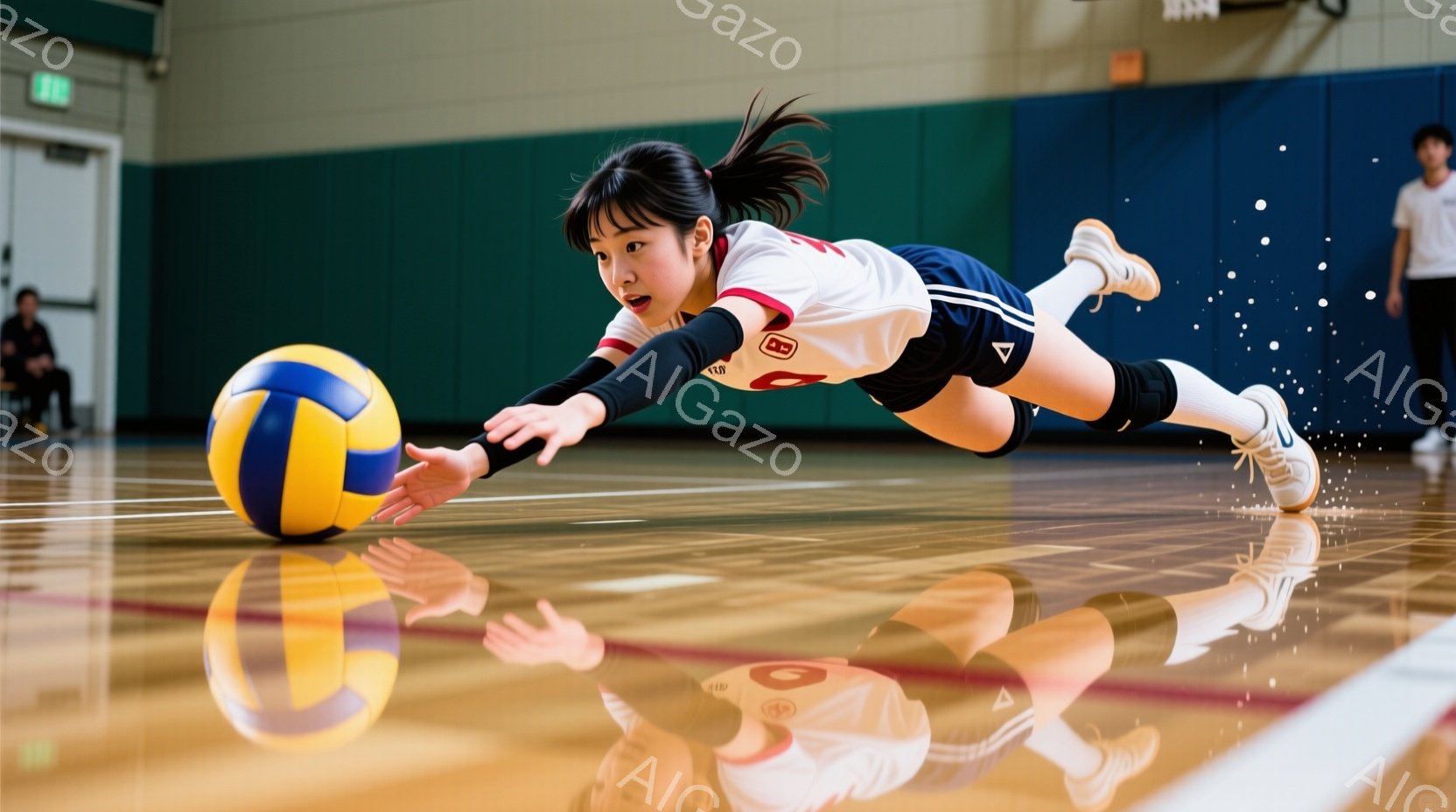 バレーボール選手が床に倒れ込み、ボールをキャッチしようとしている瞬間を捉えた写真です。彼女は白いジャージに黒いショートパンツ、髪はポニーテールにしており、集中した表情で体を伸ばしています。背景は体育館 - AI生成フリー素材