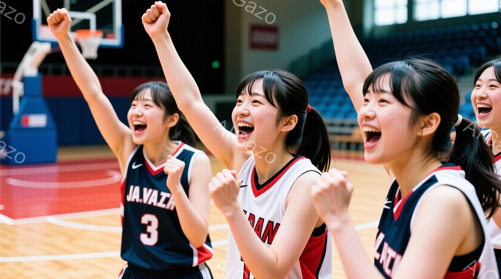 紺色のバスケットボールユニフォームを着た若い女性たちが写っています。彼女たちは皆、腕を高く上げ、満面の笑みを浮かべ、勝利を祝っている様子です。背景にはバスケットボールコートと観客席が見え、活気に満ちた - AI生成フリー素材