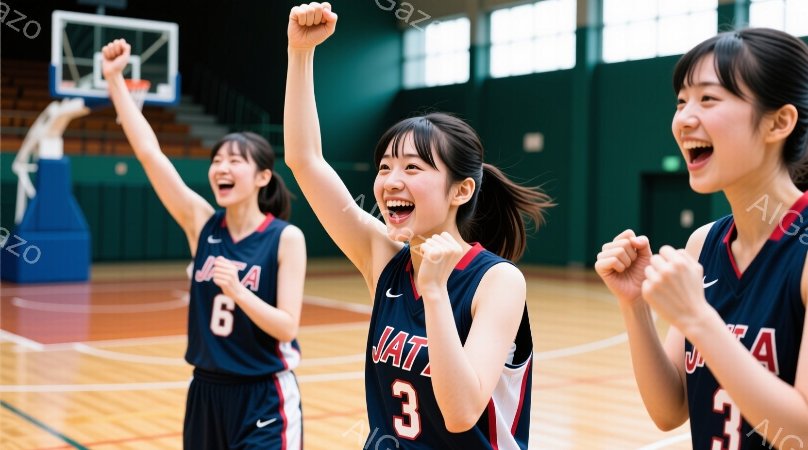 バスケットボールコートで勝利を祝う女性たちが写っています。彼女たちは紺色のバスケットボールユニフォームを着ており、それぞれ背中に数字が入っています。皆、片手を高く上げ、満面の笑みを浮かべ、興奮した雰囲気を醸し出しています。