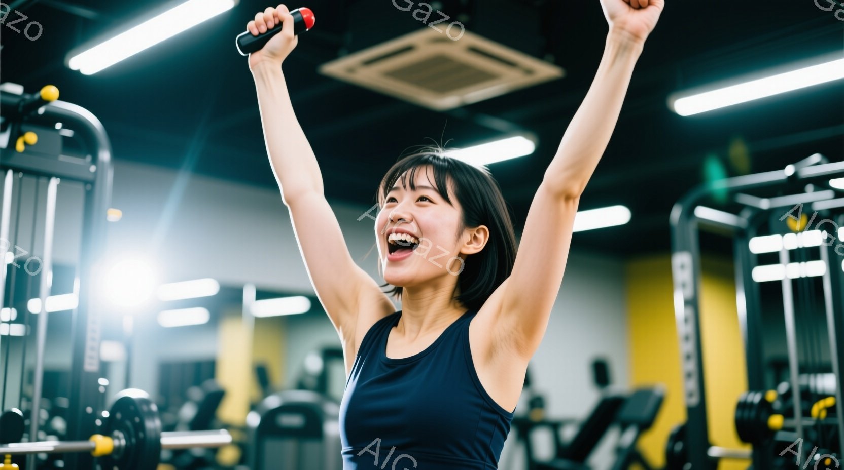 黒いタンクトップを着た若い女性が、ジムで両腕を高く上げ、満面の笑みを浮かべている。彼女は短くダークブラウンのヘアスタイルで、引き締まった体つきをしている。背景には、筋力トレーニング器具が並び、ジムの活 - AI生成フリー素材