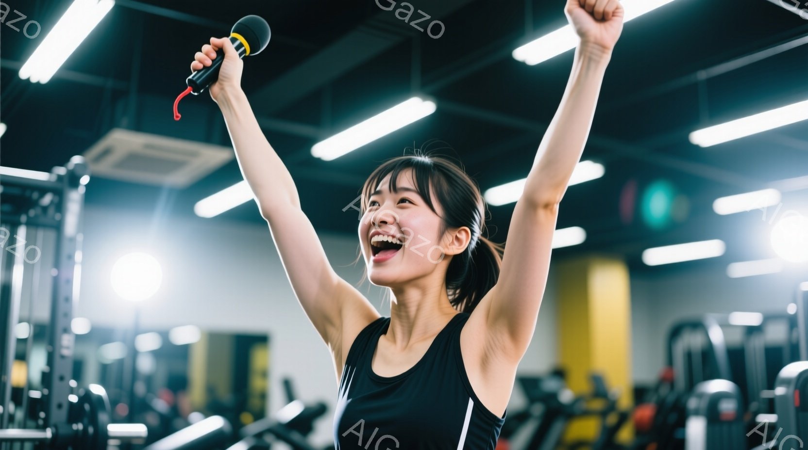黒いタンクトップを着た若い女性が、ジムで片手を高く上げ、マイクを握って喜んでいます。彼女は笑顔で、髪は後ろでポニーテールに結ばれています。ジム内には様々なトレーニング器具が並び、明るい照明が照らされて - AI生成フリー素材