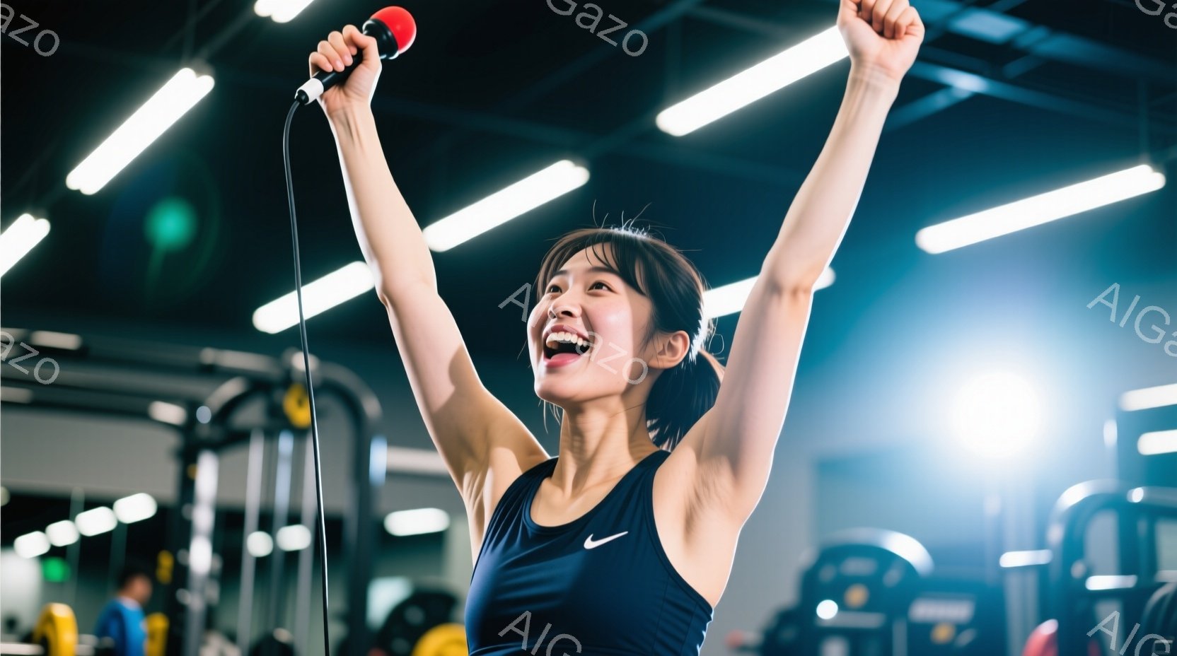 ジムでマイクを手に高く両腕を上げた女性が写っています。彼女は黒のタンクトップとスポーツウェアを身に着け、髪はポニーテールに結ばれており、満面の笑みを浮かべています。ジムの器具や照明が背景に見え、活気に - AI生成フリー素材
