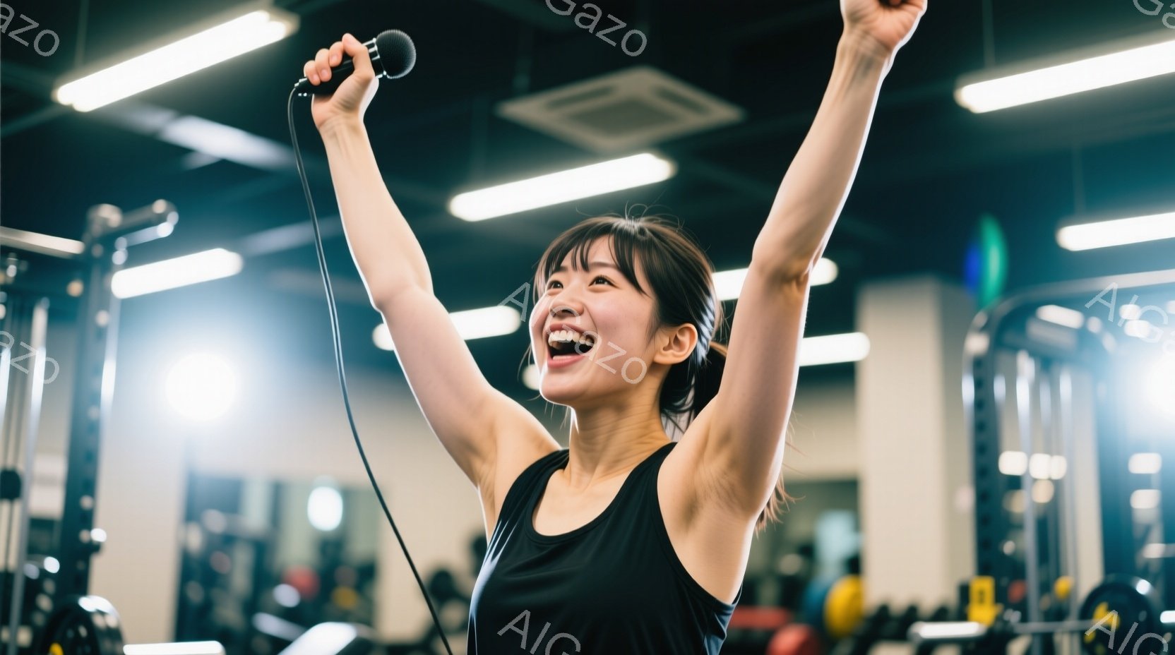この女性はジムでマイクを高く掲げ、満面の笑みを浮かべています。黒のタンクトップを着ており、髪は後ろでポニーテールにまとめられています。ジムの室内にはトレーニング器具が並び、明るい照明が照らされており、 - AI生成フリー素材