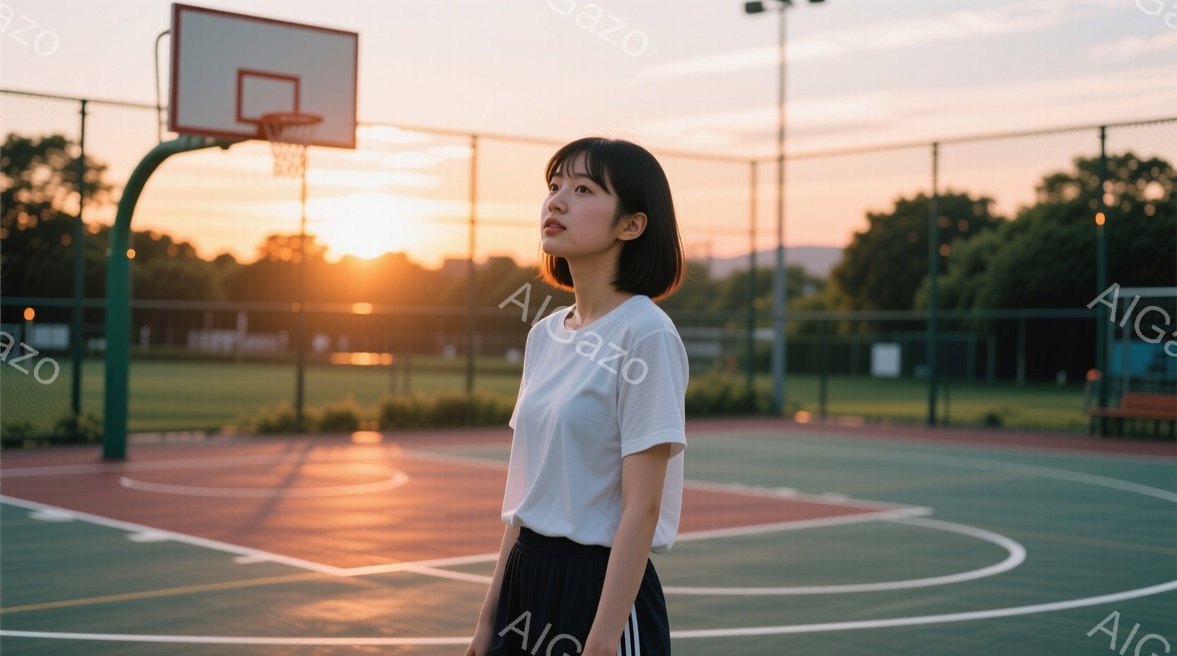 短い黒髪で、前髪を少し横に流した女性が、バスケットボールコートに立っている。白いTシャツに黒いショートパンツ姿で、少し物憂げな表情で遠くを見つめている。背景には、夕焼けに照らされたコートと緑豊かな木々 - AI生成フリー素材