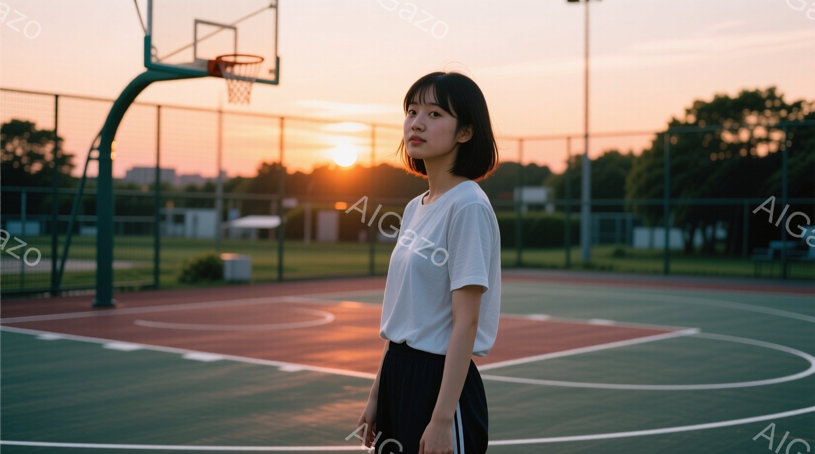 短い黒髪の女性が、バスケットボールコートに立っている。白いTシャツと黒いスウェットパンツを着用し、少し横を向いて穏やかな表情をしている。背景には、夕焼け空と遠くに見える建物や木々があり、コート全体がオ - AI生成フリー素材