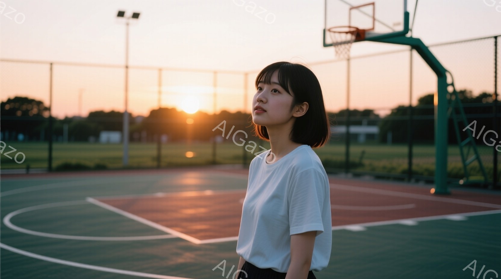 短い黒髪の女性が、バスケットボールコートで少し上を見ている。白いTシャツに黒いズボンを着用し、リラックスした姿勢で立っている。背景には夕焼け空と緑豊かなフィールドが広がり、穏やかで少し寂しげな雰囲気を - AI生成フリー素材