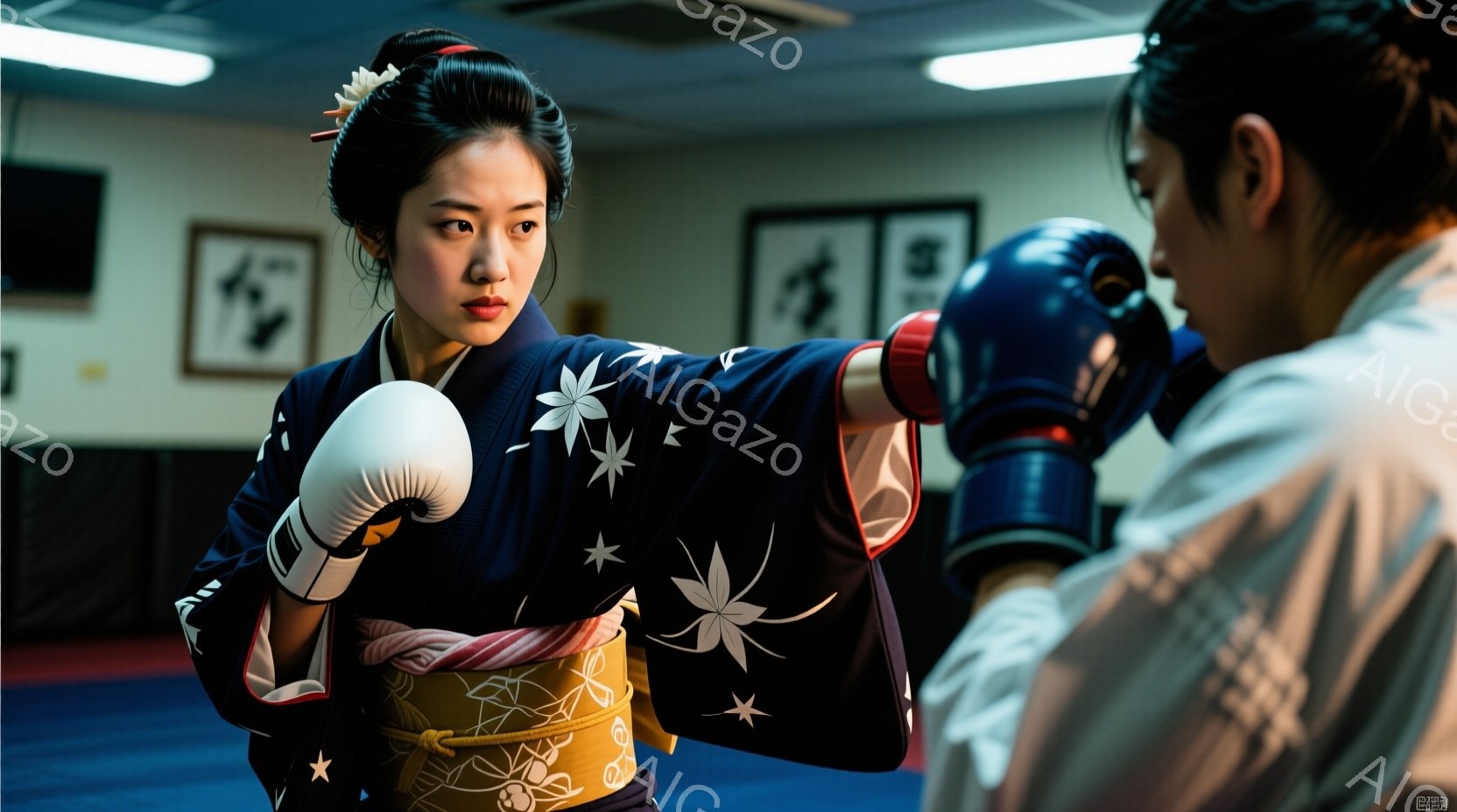 紺色の着物に、白い梅の花模様が散りばめられ、金色の帯が締めてあります。女性は黒髪を後ろでまとめ、凛とした表情で構え、右手をグローブをつけたパンチの構えを取っています。背景はジムのような空間で、壁に掛け - AI生成フリー素材