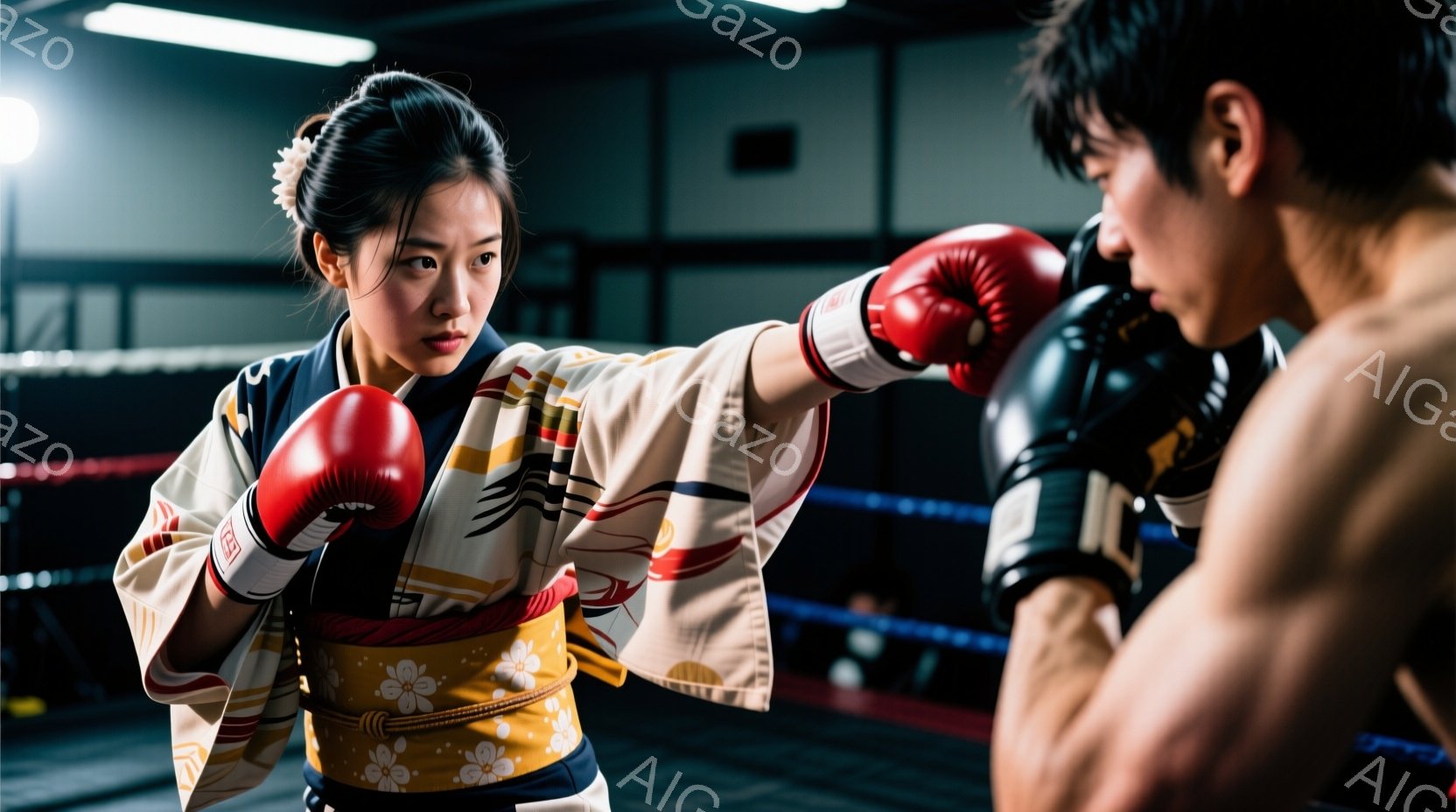 リングに立つ女性ボクサーは、クリーム色の桜柄のボクシングウェアと帯を身につけ、髪を後ろでまとめ、強い意志と集中力を感じさせる表情をしています。彼女は右ストレートを繰り出し、ターゲットは筋肉質な男性ボクサーで、彼は防御姿勢を取っています。背景はリングと暗い観客席で、競技の緊張感と集中力を高めるような雰囲気です。