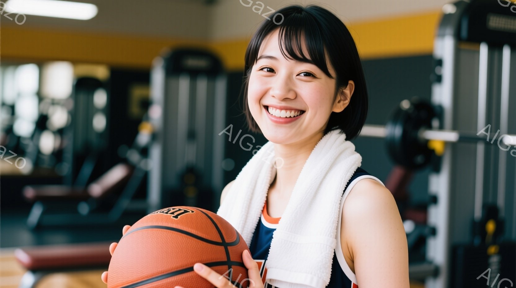 若い女性がバスケットボールを持って笑顔で立っています。彼女は肩に白いタオルをかけ、紺色とオレンジ色のタンクトップを着ています。背景にはジムのトレーニング器具が並び、明るい室内で活気ある雰囲気が感じられます。