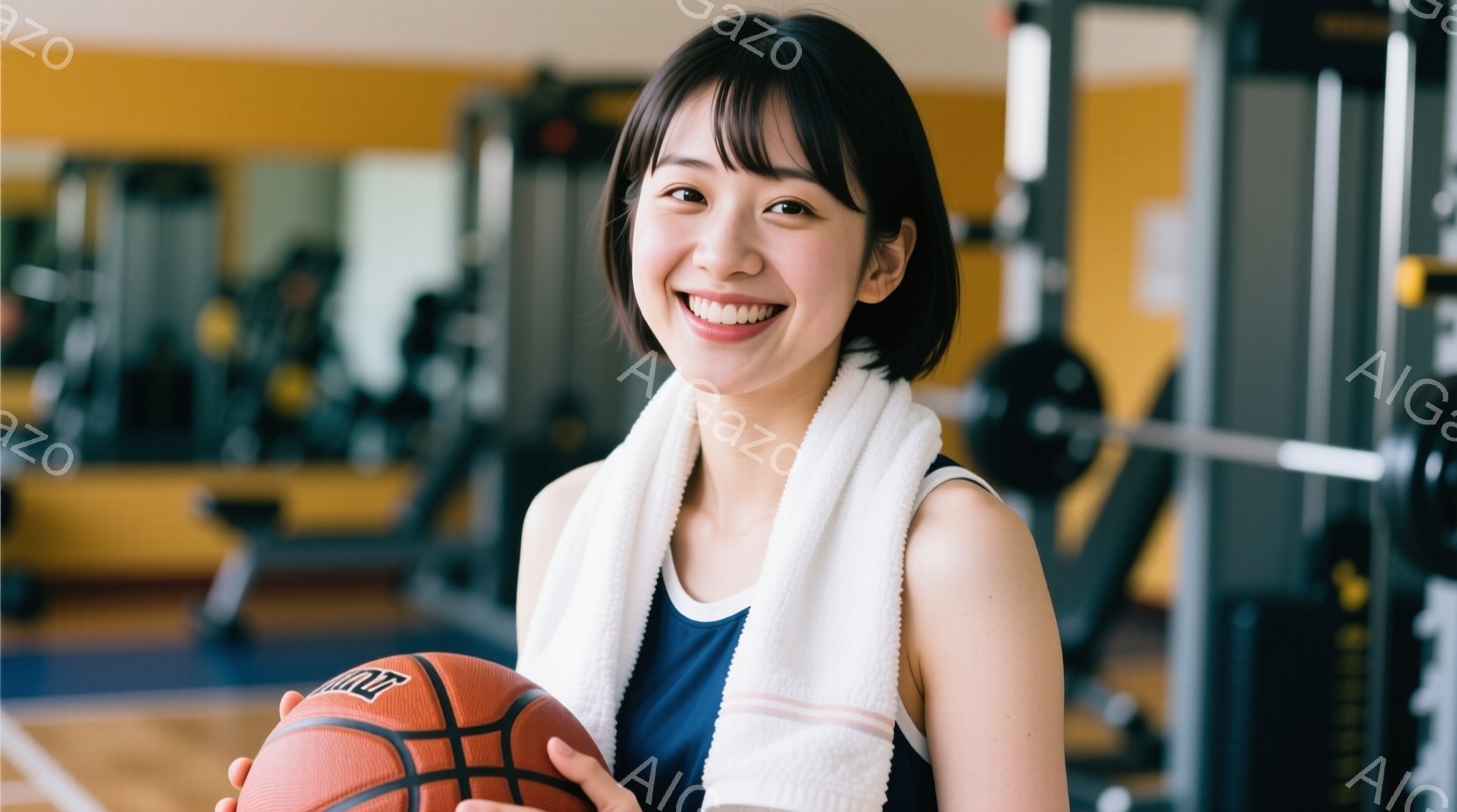 短い黒髪で、前髪を下ろした女性が、ジムでバスケットボールを持って笑顔で立っています。彼女はネイビーのタンクトップと、首に白いタオルを巻いています。ジムの背景には、トレーニングマシンが並び、明るい雰囲気 - AI生成フリー素材