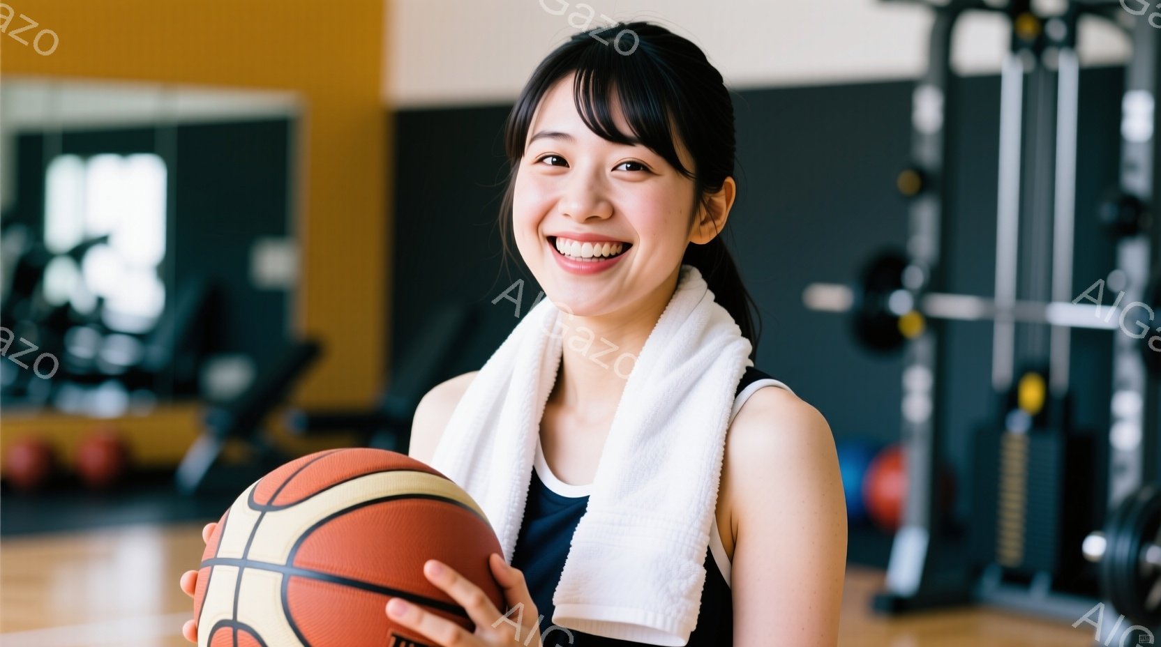 彼女はジムでバスケットボールを抱え、満面の笑みを浮かべている。黒髪をハーフアップにし、タンクトップと短パン姿で、スポーティーな印象を与える。背景にはトレーニング器具が並び、明るく活気のある雰囲気を感じ - AI生成フリー素材