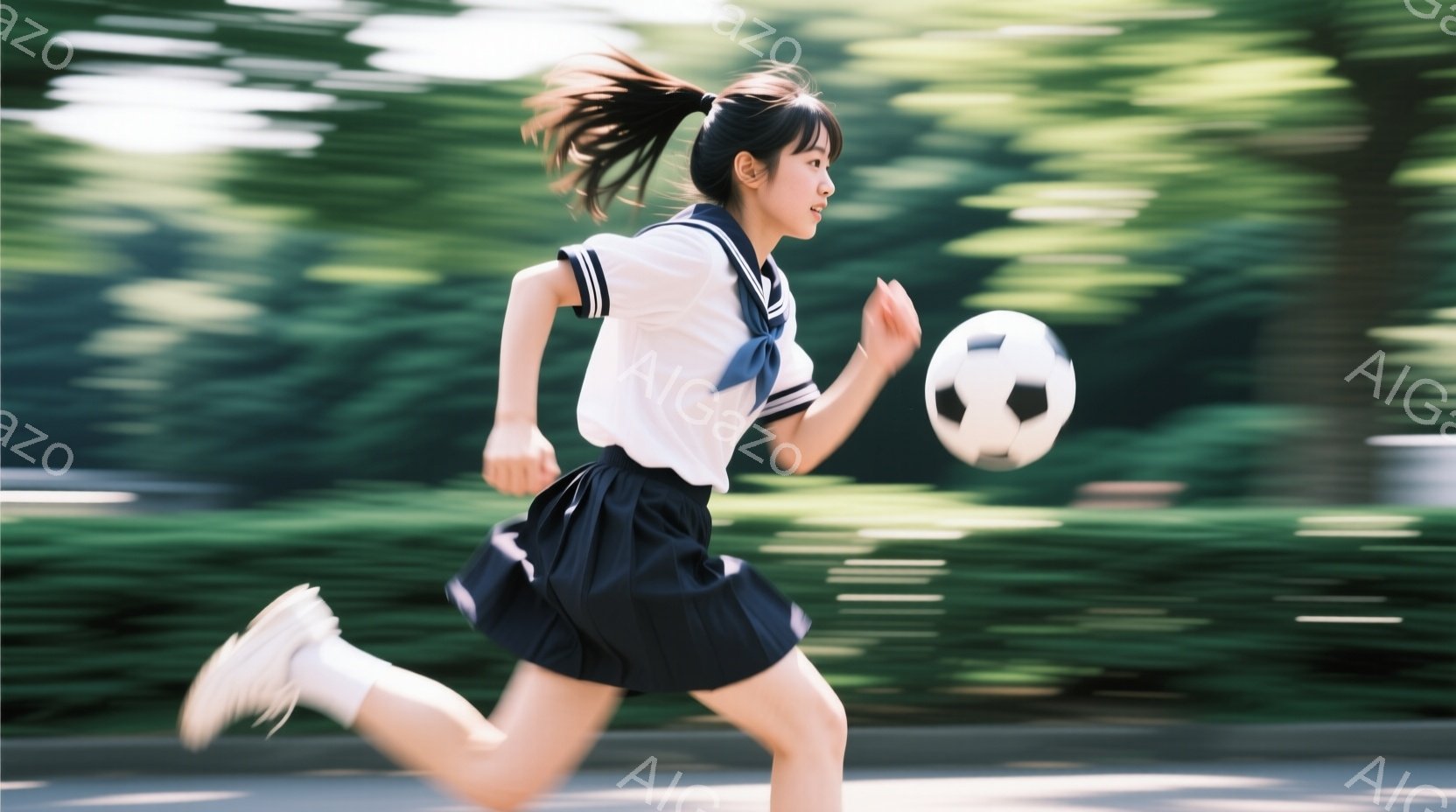 制服を着た少女がサッカーボールを追いかけて走っている様子が捉えられている。彼女は白いシャツに黒のスカート、白い靴を履き、髪は高い位置でポニーテールに結ばれている。背景には緑の木々がぼやけており、動きの速さを強調する躍動感のある瞬間を捉えている。