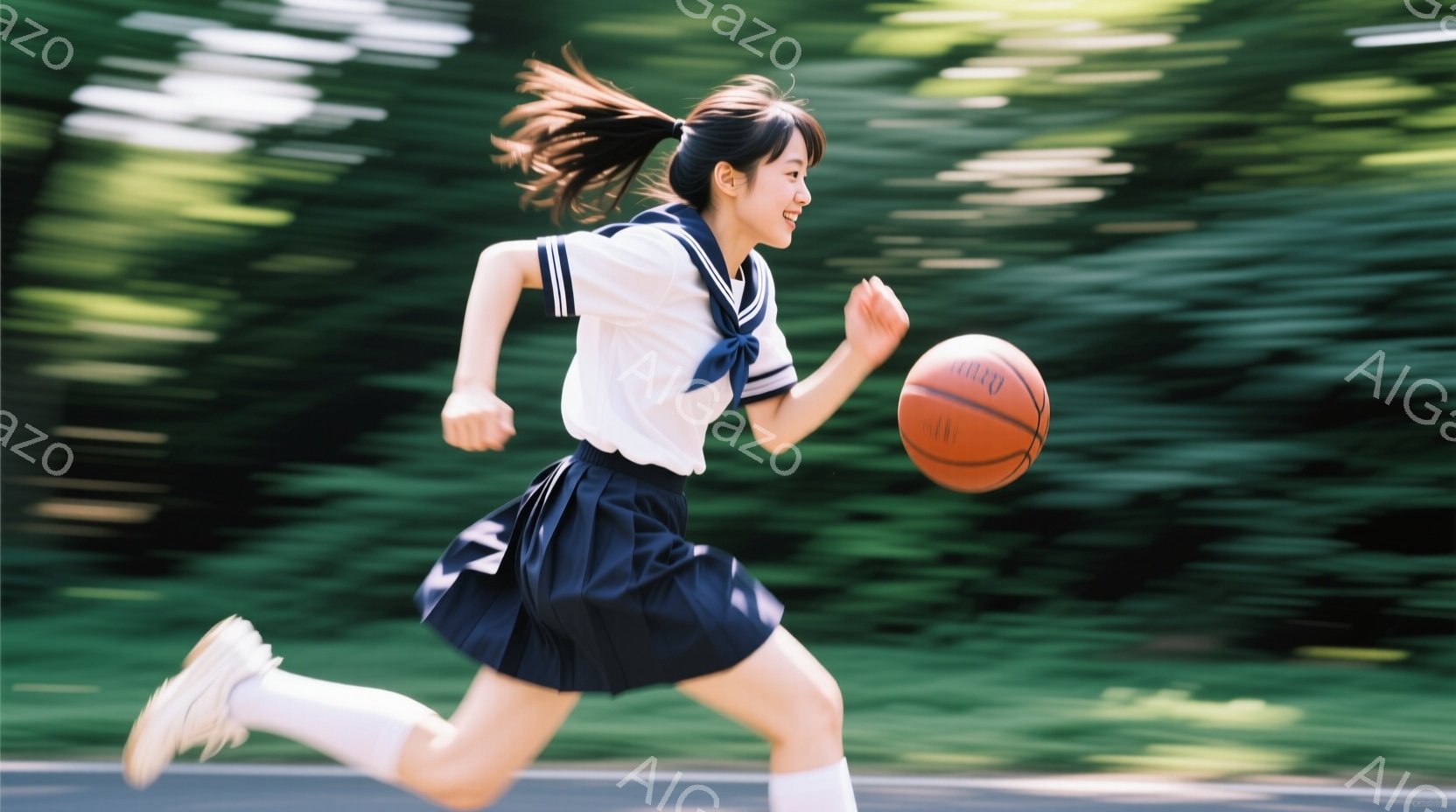 制服姿の女子学生が、ドリブルしながら走っている様子が捉えられています。紺色のプリーツスカートと白いブラウス、リボンが特徴で、髪はポニーテールに結ばれています。背景は緑豊かな木々で、晴れた日の屋外で活気 - AI生成フリー素材
