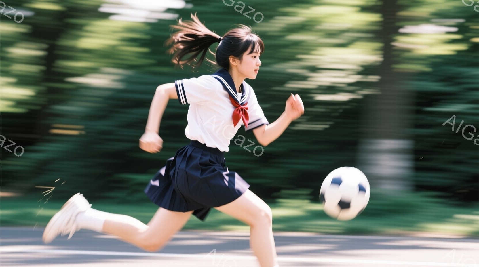 制服を着た少女がサッカーボールを追いかけながら走っている。彼女は白いブラウス、濃い青色のスカート、そして白いスニーカーを履いており、髪はポニーテールに結ばれている。背景には緑豊かな木々がぼやけて写り、 - AI生成フリー素材