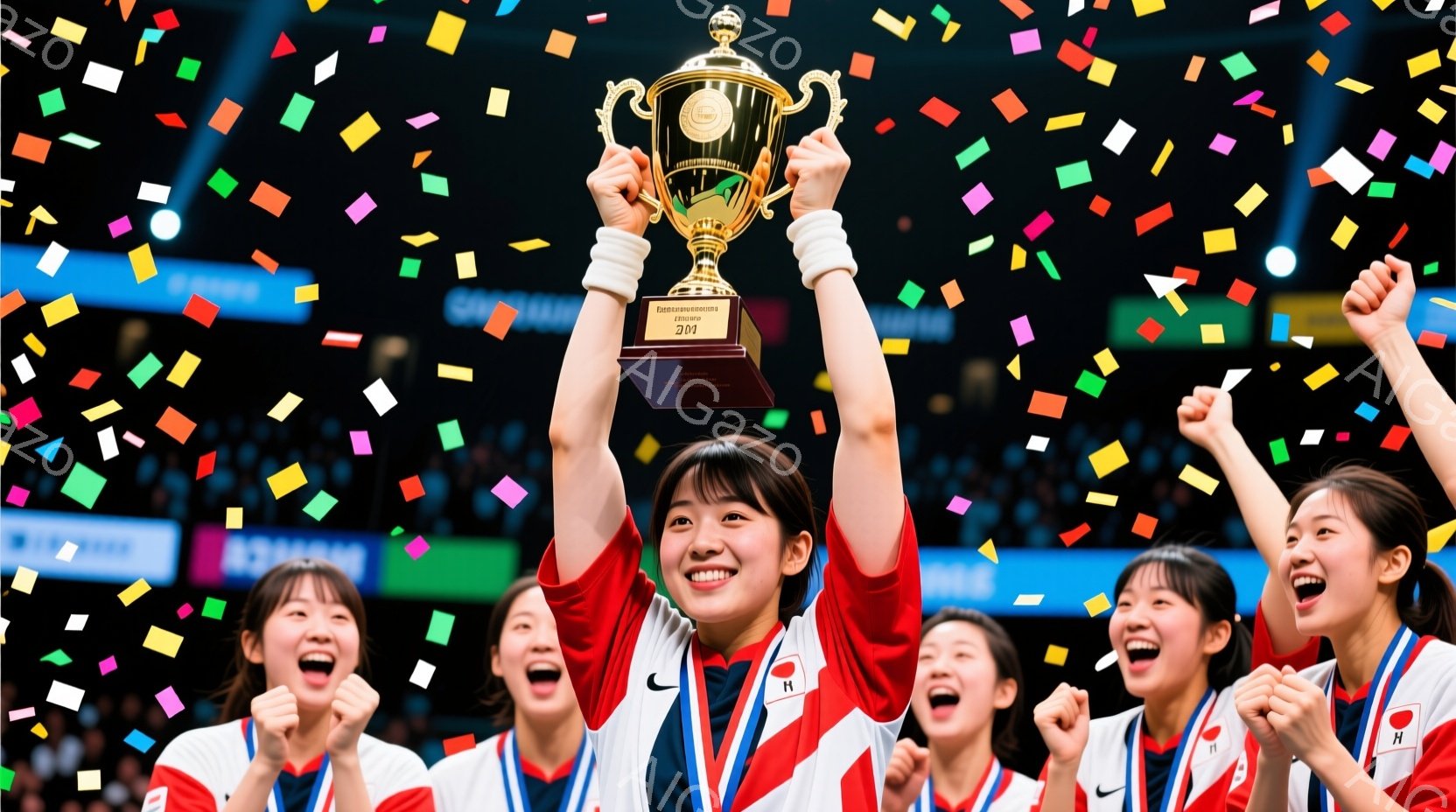 日本の女子バレーボール選手たちが勝利を祝っている様子が写っています。選手たちは赤いユニフォームと白いショートパンツを着用し、首にはメダルをかけています。皆、満面の笑みを浮かべ、片手を高く上げ、トロフィ - AI生成フリー素材