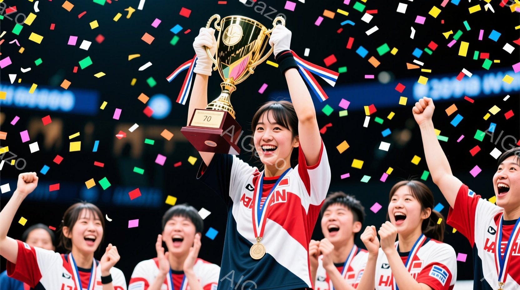 チームのメンバーが勝利の喜びを分かち合っている様子が写っている。赤いユニフォームに白い文字と模様が描かれ、メンバーは皆笑顔で、何人かは腕を高く上げている。背景には観客席が見え、紙吹雪が舞い、お祝いの雰 - AI生成フリー素材