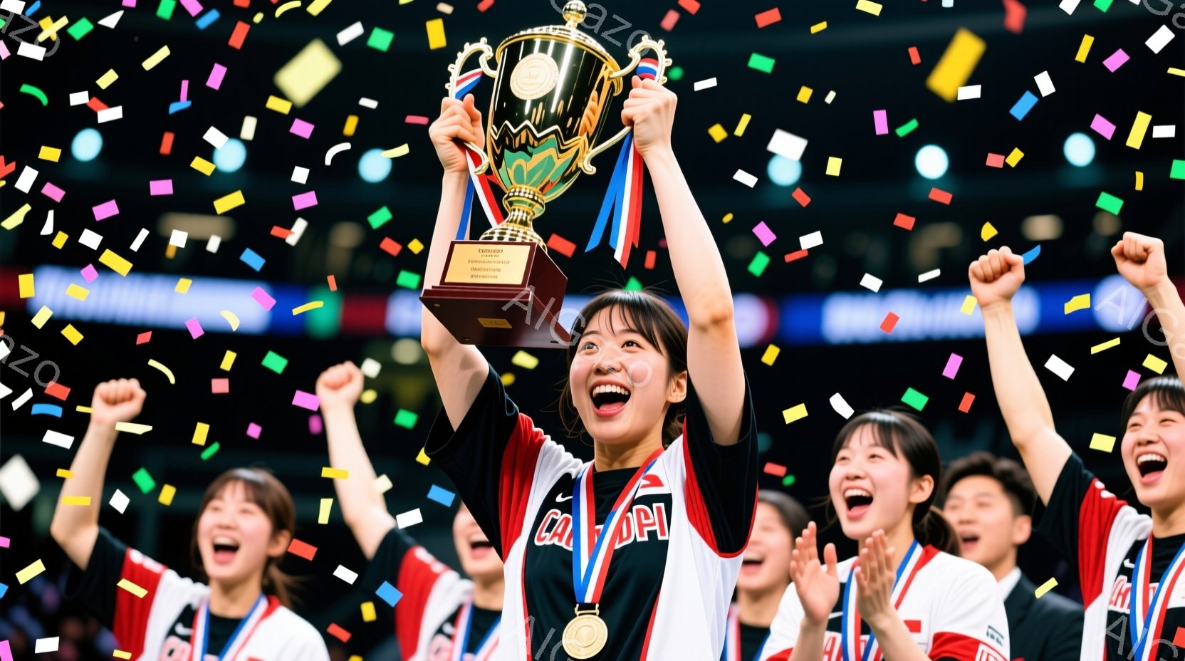 競技場で女性たちが勝利を祝っている様子が写っている。中央にいる女性は、赤いラインが入った白いユニフォームを着て、金色のメダルを首にかけている。彼女は両手を高く上げ、勝利のトロフィーを持ち、満面の笑みを浮かべており、周囲のチームメイトも同様に歓喜に沸いている。