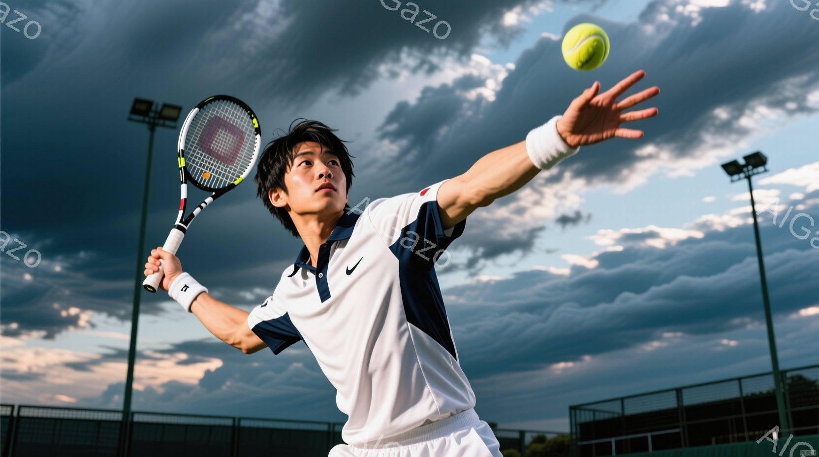 若い男性テニス選手が、サービスモーションの途中で捉えられています。白いポロシャツに紺色の縁取り、白い短パン、そして紺色のリストバンドを着用し、黒髪を短く整えています。背景はテニスコートで、夕暮れ時の曇り空が広がり、コート脇には照明塔が立っています。