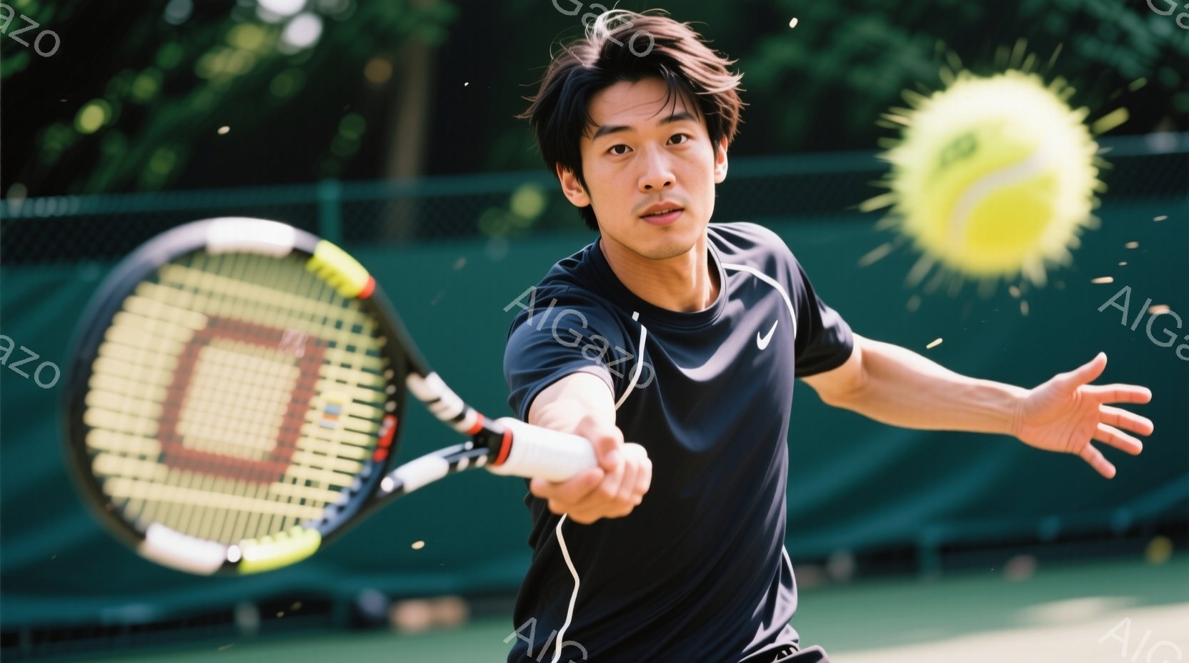 若い男性がテニスラケットを振りかぶり、空中のテニスボールを打とうとしている瞬間を捉えた写真です。彼は黒いTシャツと短パン姿で、髪は短く整えられ、真剣な表情でボールを見つめています。背景は緑豊かなテニス - AI生成フリー素材