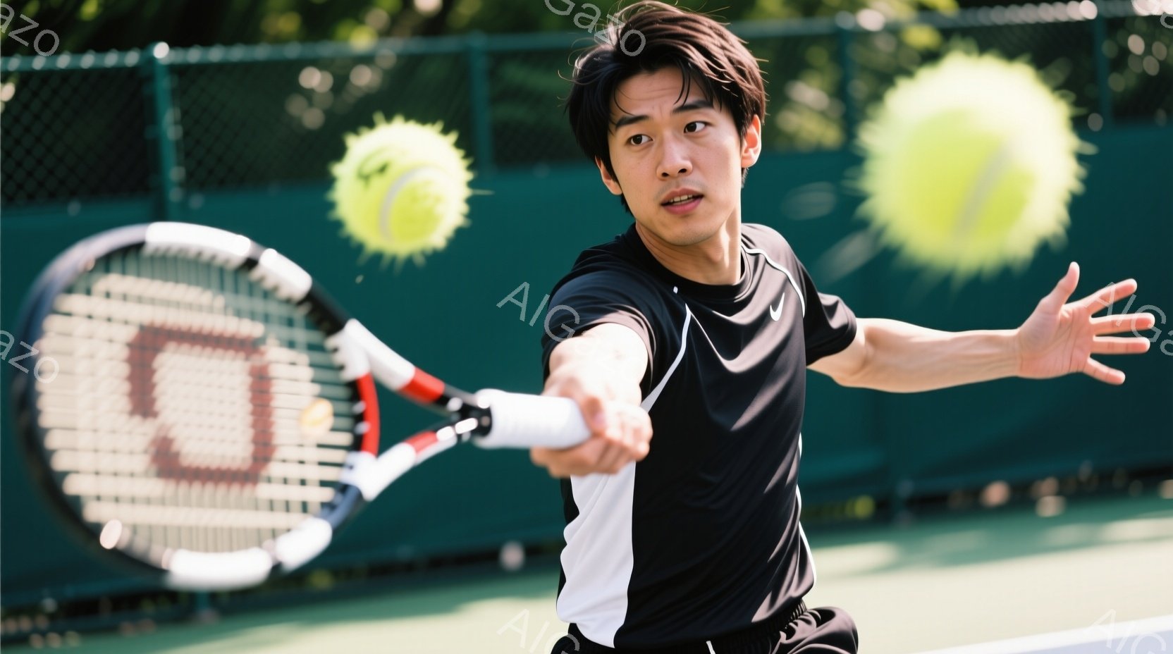 競技者がテニスラケットを振りかぶり、ボールを打とうとしている瞬間が捉えられています。黒いシャツと黒いショーツ姿で、短い髪をしています。背景には緑色のフェンスとテニスコートのネットが見え、晴天の下で活気 - AI生成フリー素材