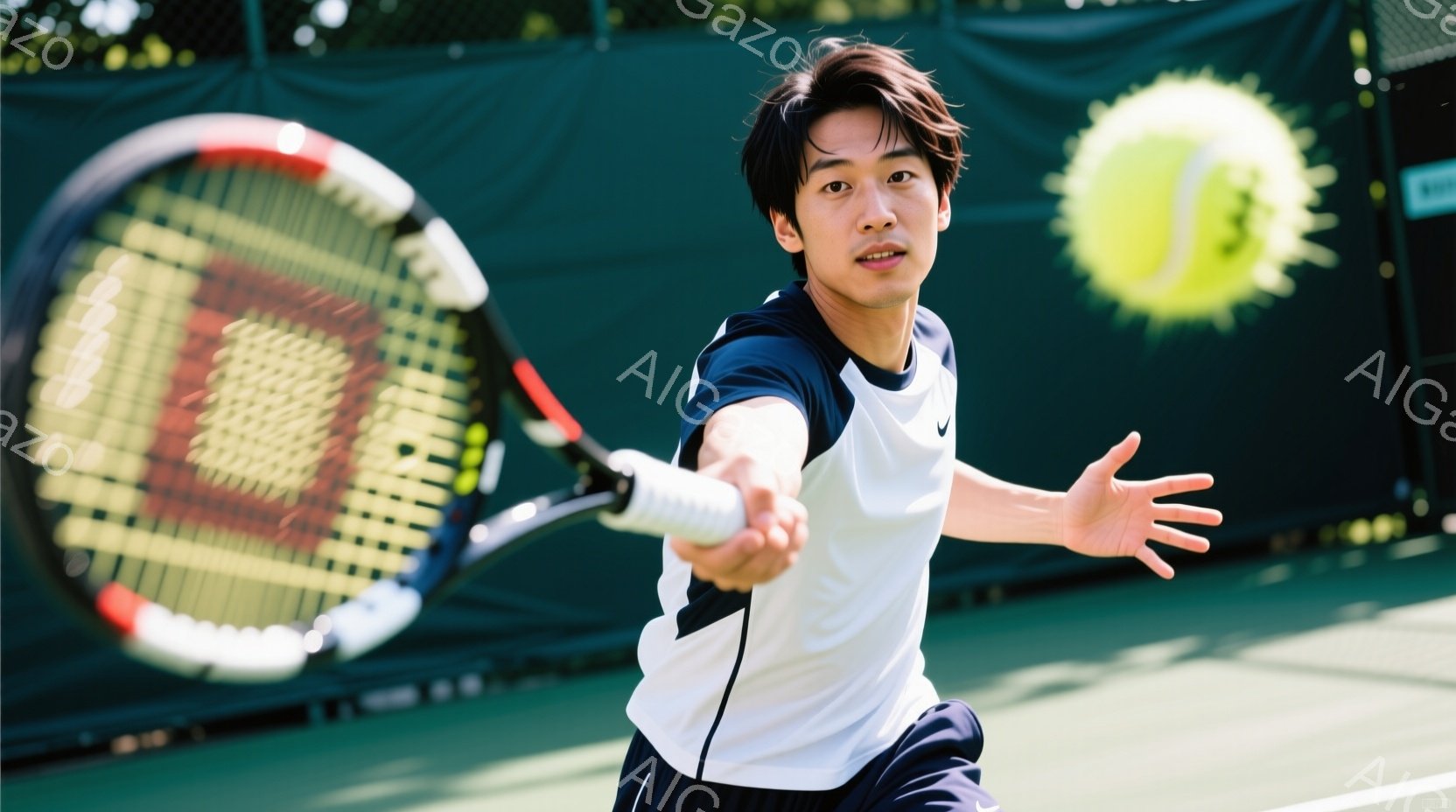 若い男性テニス選手が、フォアハンドストロークでボールを打とうとしている瞬間を捉えた写真です。白と紺のポロシャツと短パン姿で、髪は短く整えられ、集中した表情で体を大きく捻っています。背景は緑色のテニスコ - AI生成フリー素材