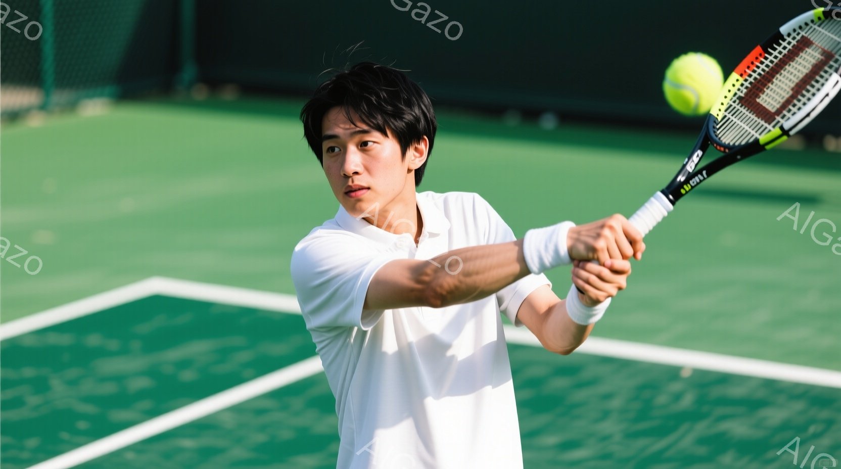 若い男性がテニスラケットを振りかぶり、フォアハンドストロークを打とうとしている瞬間を捉えた写真です。彼は白いテニスウェアと手首に白いリストバンドを着用し、短髪で、真剣な表情をしています。背景には緑のテニスコートとネットが見え、晴天で明るい雰囲気です。