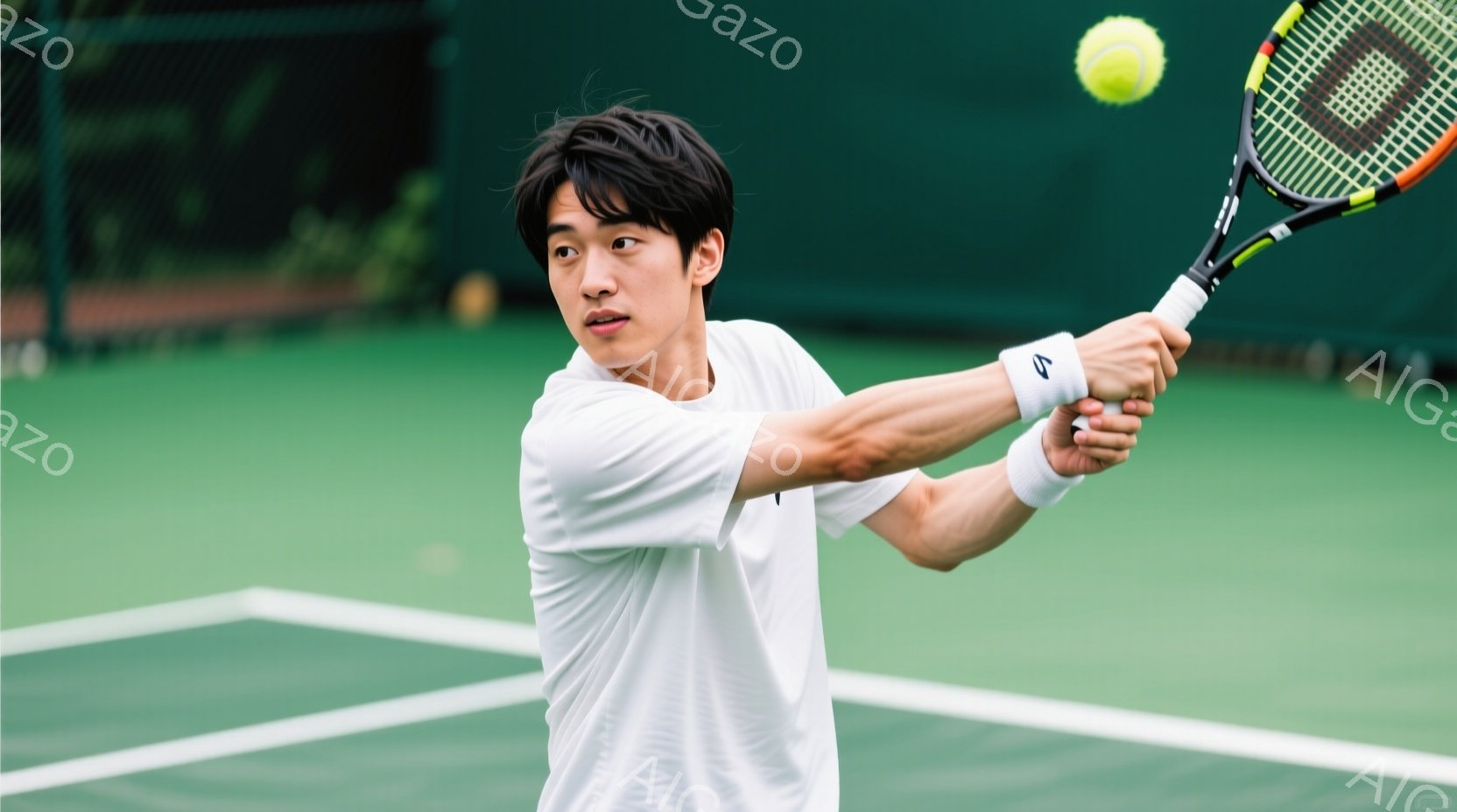 若い男性がテニスラケットを振りかぶり、フォアハンドストロークを打とうとしている瞬間を捉えた写真です。彼は白いTシャツと白のリストバンドを着用し、黒髪を短く整えています。背景は緑のテニスコートで、木々が - AI生成フリー素材
