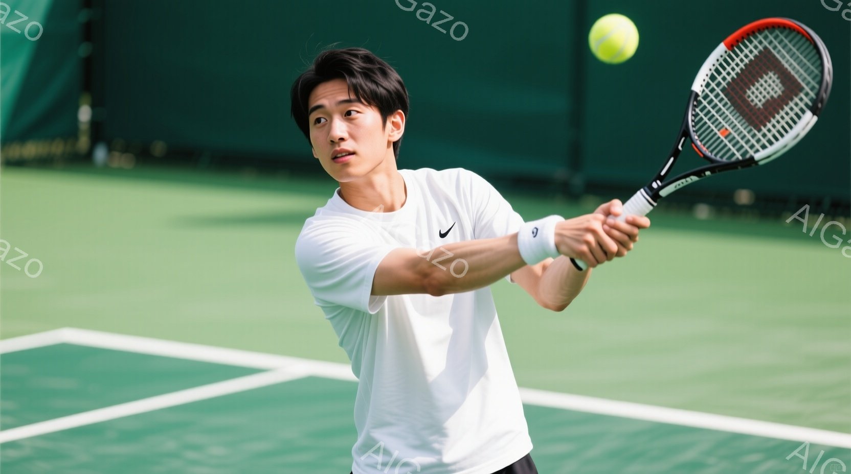 白いテニスウェアを着た男性が、テニスラケットを大きく振りかぶり、フォアハンド打ちをしている瞬間を捉えた写真です。彼は黒髪で、集中した表情をしており、コートの緑色の背景と鮮やかなテニスボールが彼の動きを - AI生成フリー素材