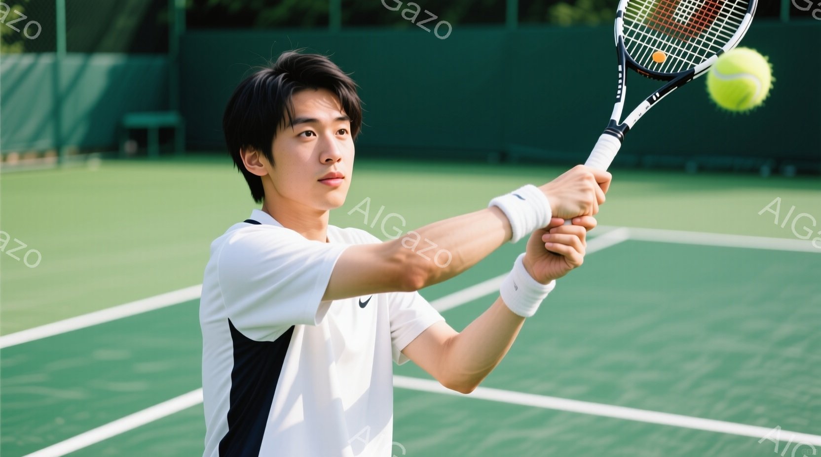 若い男性テニス選手がフォアハンドストロークを打とうとしている瞬間を捉えた写真です。彼は白いポロシャツと黒いショーツを着用し、額には汗が見られます。背景は緑色のテニスコートで、遠くには木々が見え、晴れた - AI生成フリー素材