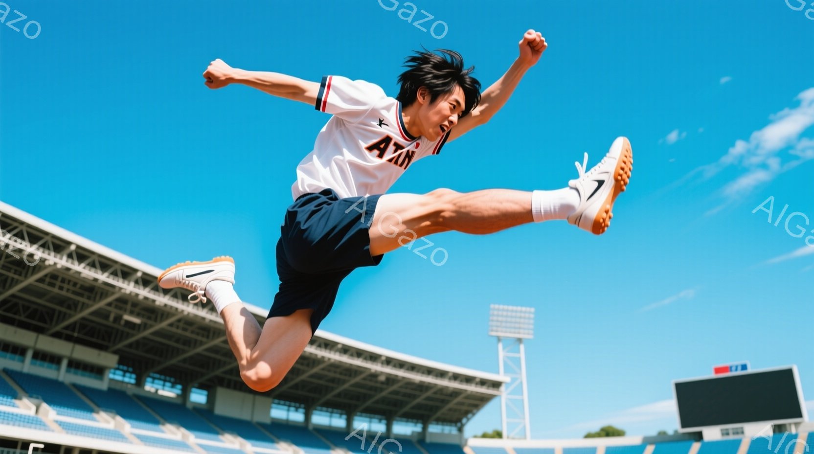 空中で大きく足を伸ばし、勝利をアピールする男の子が写っている。彼は白いサッカーユニフォームと紺色の短パンを着用し、黒髪を無造作にしている。背景には青空とスタジアムの観客席、そして光り輝く青い空が広がり - AI生成フリー素材