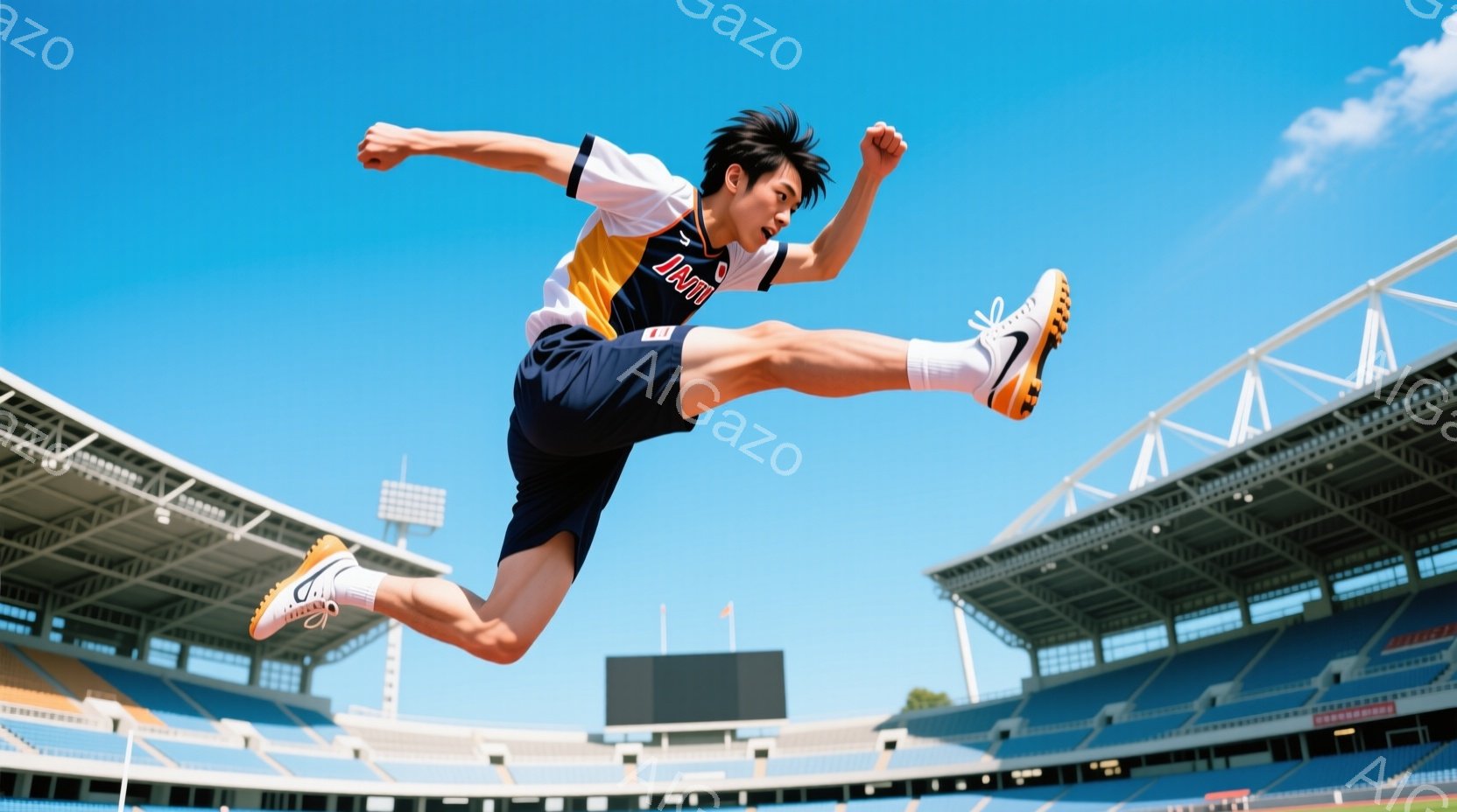 青空の下、競技場でジャンプする男性の姿が捉えられています。彼は黒と黄色のユニフォーム、白い靴下、そして鮮やかなオレンジ色のスパイクを履いており、力強い躍動感があります。背景には青い観客席と競技場の構造 - AI生成フリー素材
