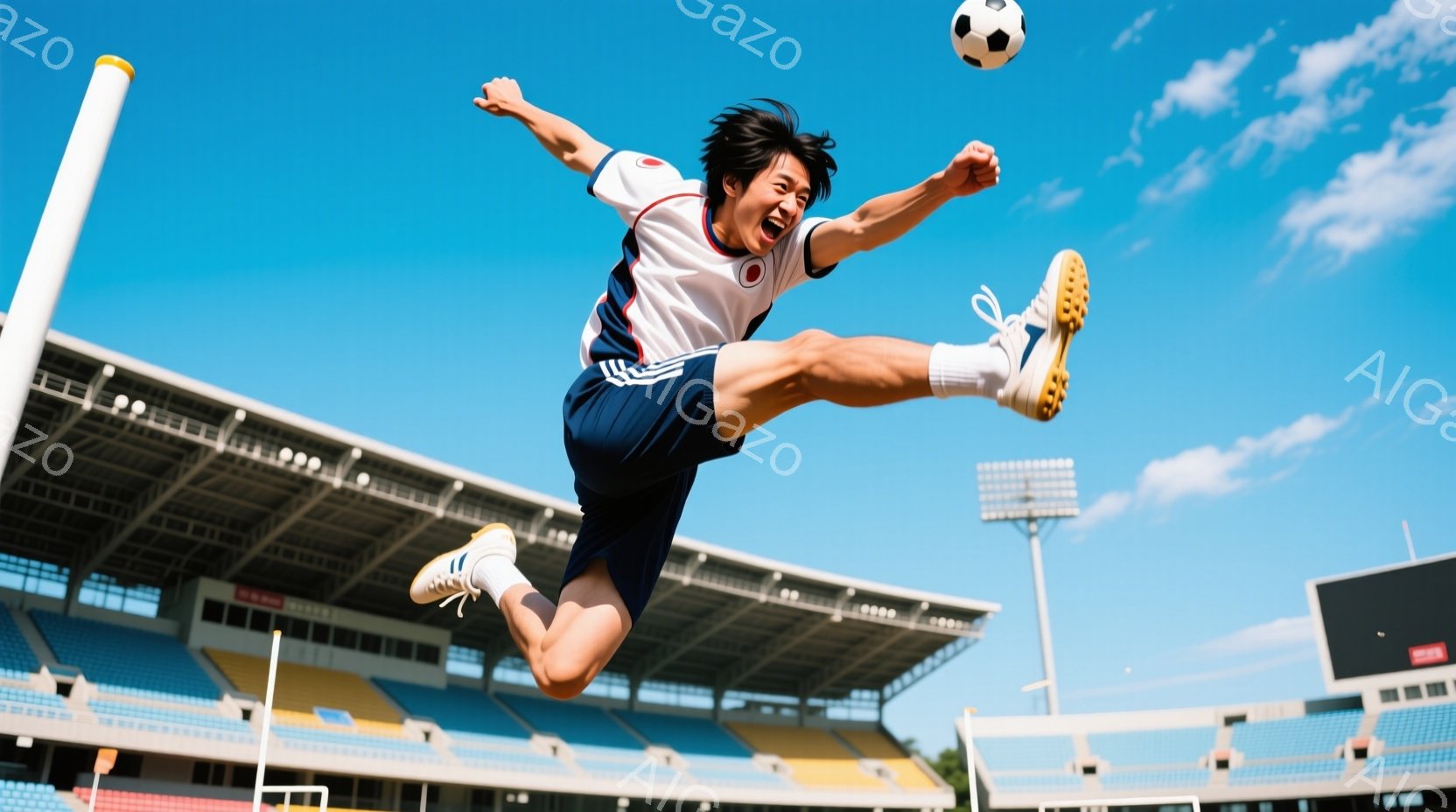 空中で脚を高く上げたサッカー選手が写っている。白いシャツに青いショートパンツを着用し、黒髪を少し伸ばしたヘアスタイルで、顔は歓喜に満ちており、ゴールを決めた瞬間を捉えているように見える。背景には青空とサッカー場、観客席が広がり、晴れた日の試合の熱気を伝えている。