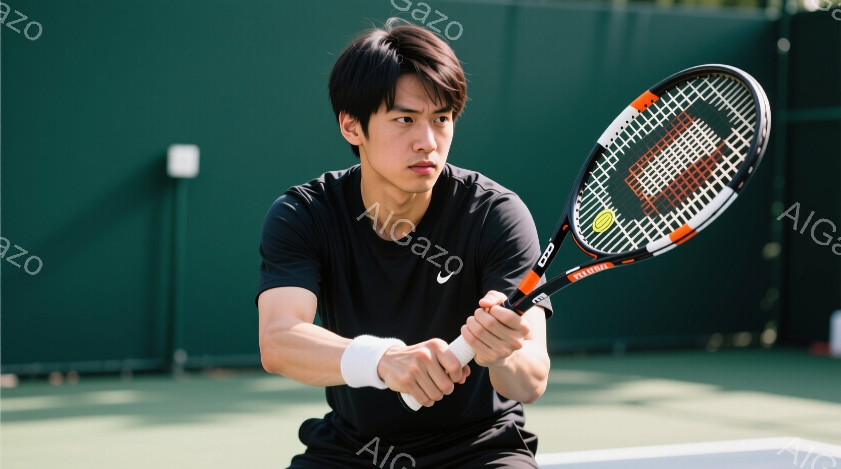 黒いテニスウェアを着た若い男性が、テニスラケットを構え、フォアハンドショットの準備をしている様子が写っている。彼は短髪で、真剣な表情をしており、集中してボールを打とうとしている様子が伺える。背景には緑 - AI生成フリー素材