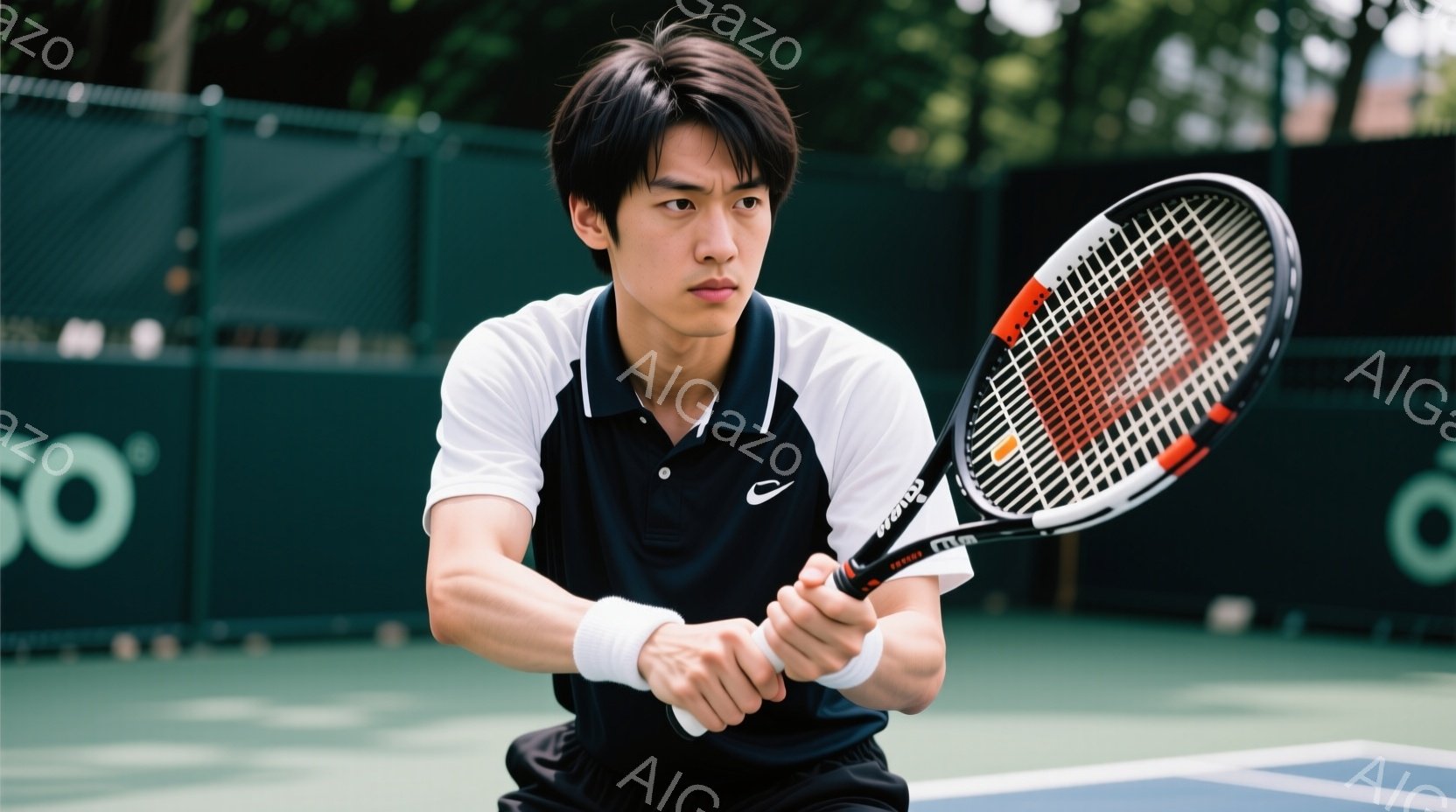 若い男性テニス選手が、試合中にフォアハンドショットの準備をしている姿が捉えられています。黒と白のストライプが入ったポロシャツに、黒色のショートパンツ、手首には白のリストバンドを着用し、髪は短く整えられ - AI生成フリー素材