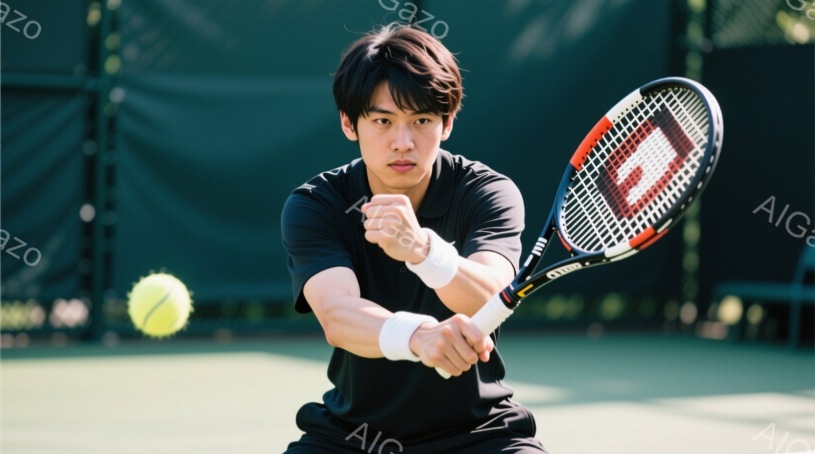 黒いTシャツと短パンを着用した若い男性が、テニスラケットを構え、ボールを打ち返そうとしている瞬間を捉えた写真です。彼は真剣な表情で、少し前かがみの姿勢で力強くスイングしています。背景には緑のテニスコー - AI生成フリー素材