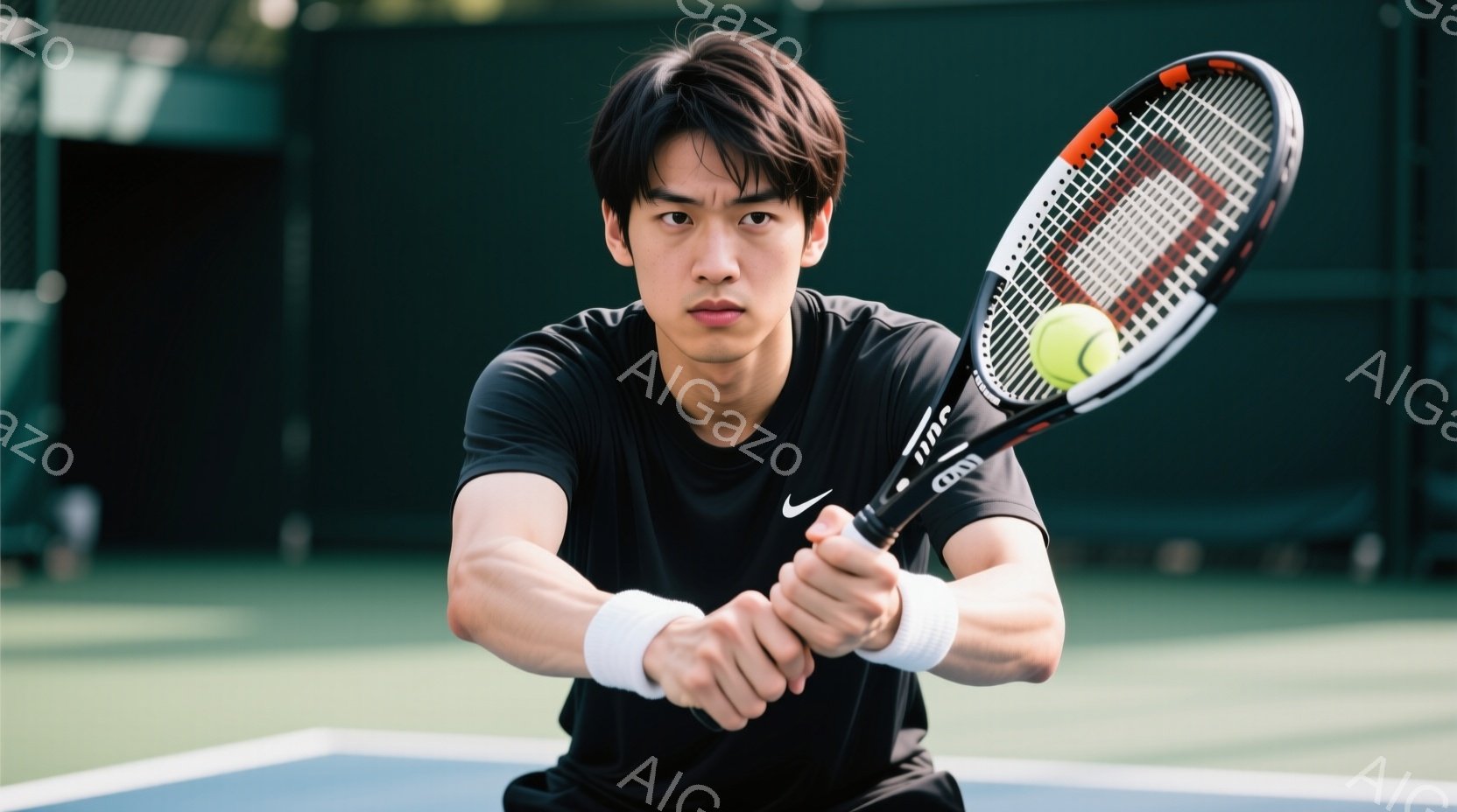 若い男性テニス選手が、フォアハンドストロークの準備をしている様子が写っている。黒いTシャツと白いリストバンドを着用し、髪は短く整えられている。背景は緑色のテニスコートで、ネットとフェンスが確認でき、集中した表情でボールを捉えようとしている。