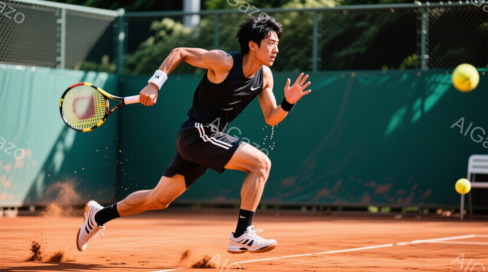 黒のタンクトップとショートパンツを身に着けた若い男性テニス選手が、砂地のコートを力強く走り、フォアハンドショットを打とうとしている。彼の髪は短く、顔には集中した表情が見られ、動きに合わせて砂が舞い上が - AI生成フリー素材